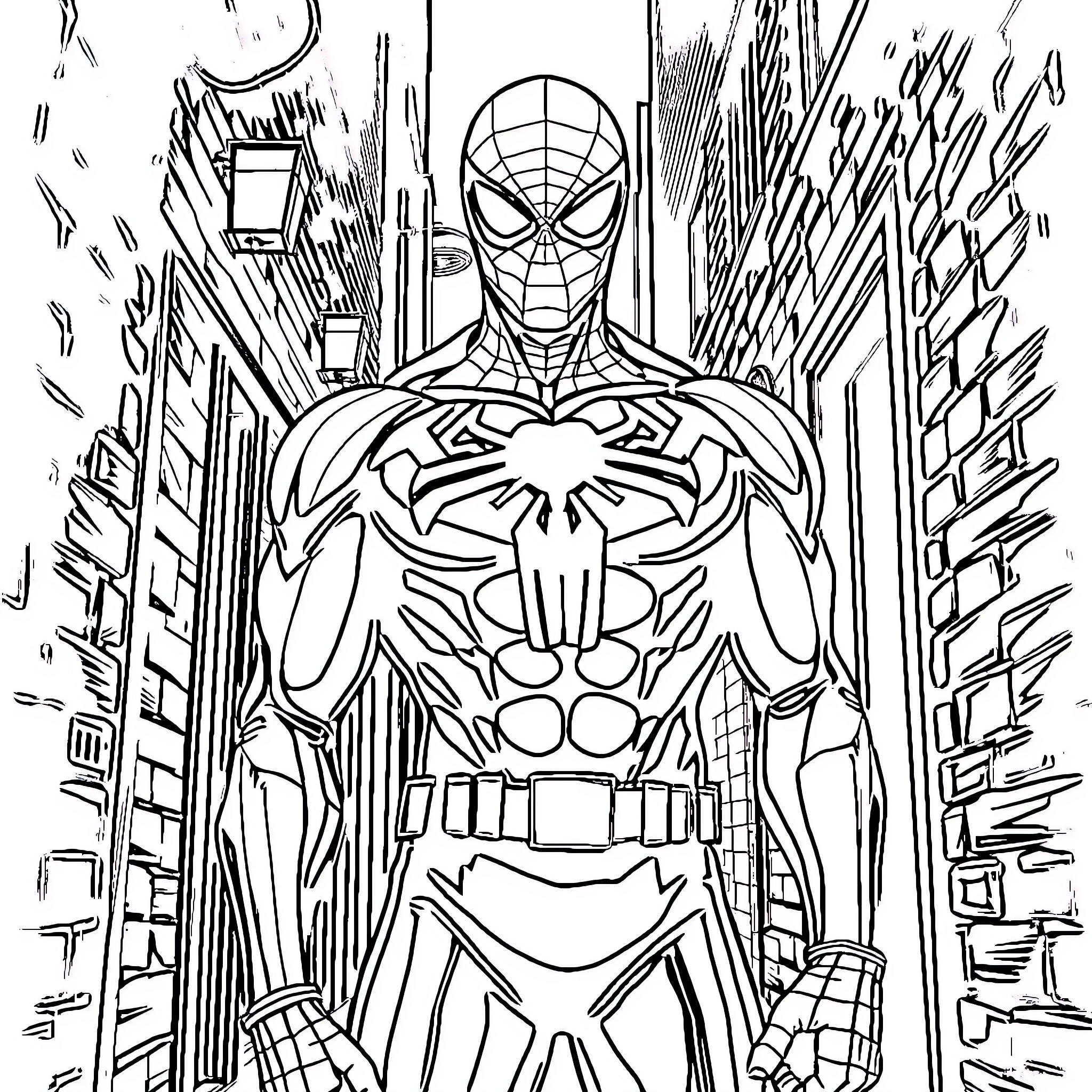 Spiderman standing heroically in the city Coloring Page (free black-and-white line drawing printable PDF for all, from beginners to advanced learners, including children, teens, adults, and seniors)