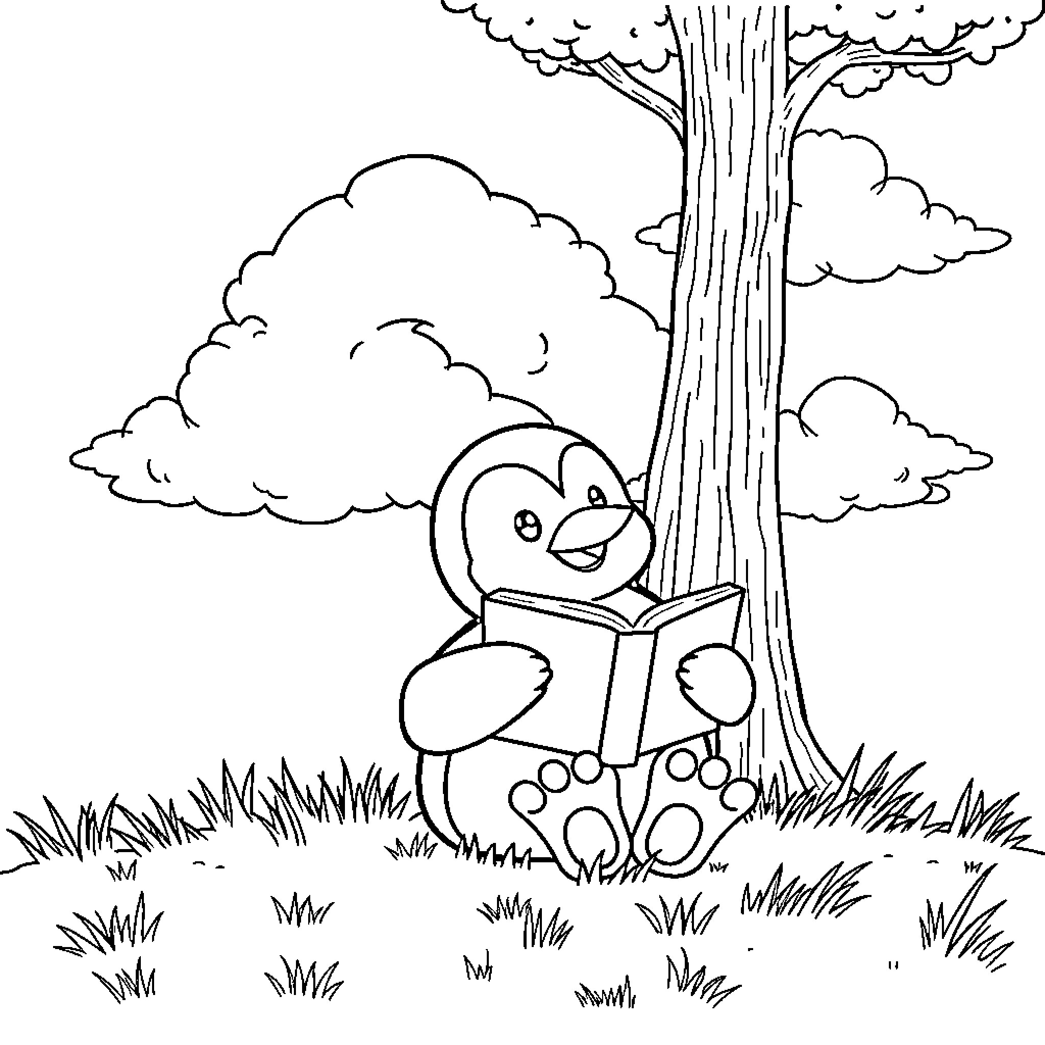 Penguin reading a book under a tree Coloring Page (free black-and-white line drawing printable PDF for all, from beginners to advanced learners, including children, teens, adults, and seniors)