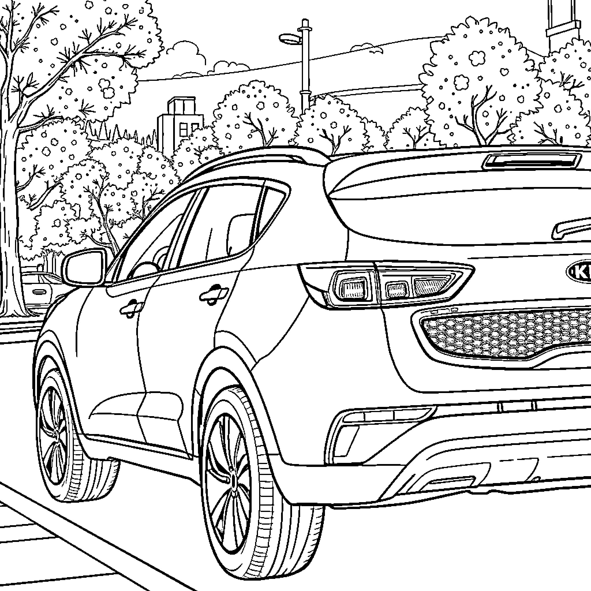 Kia vehicle parked in urban outdoor setting Coloring Page (free black-and-white line drawing printable PDF for all, from beginners to advanced learners, including children, teens, adults, and seniors)