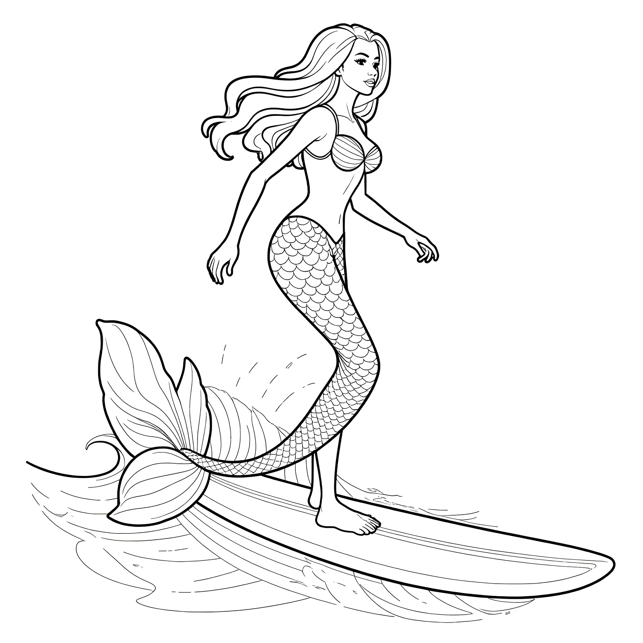 Mermaid surfing on the waves Coloring Page (free black-and-white line drawing printable PDF for all, from beginners to advanced learners, including children, teens, adults, and seniors)