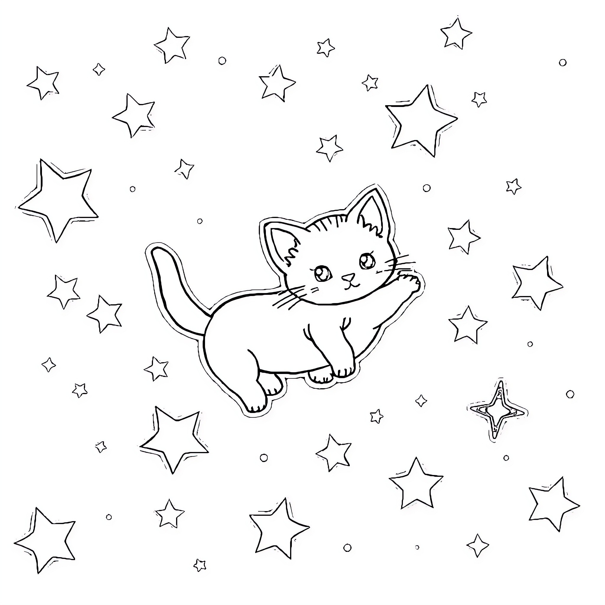 Kitten playing among the stars Coloring Page (free black-and-white line drawing printable PDF for all, from beginners to advanced learners, including children, teens, adults, and seniors)