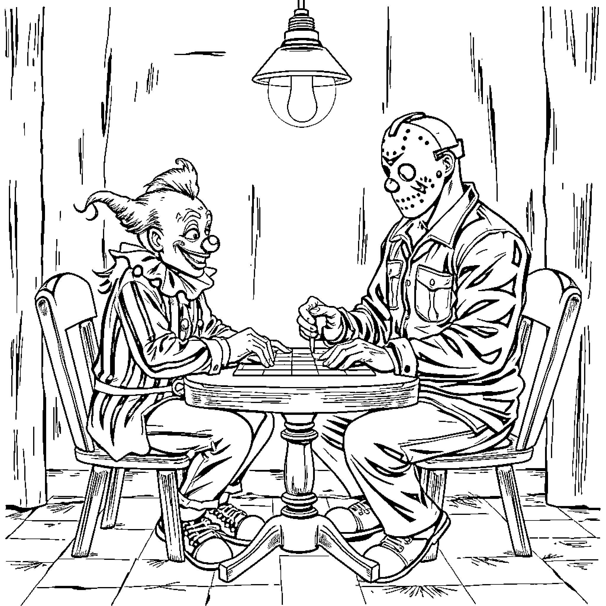 Art The Clown Playing Chess with Killer in Shadowy Room Coloring Page (free black-and-white line drawing printable PDF for all, from beginners to advanced learners, including children, teens, adults, and seniors)