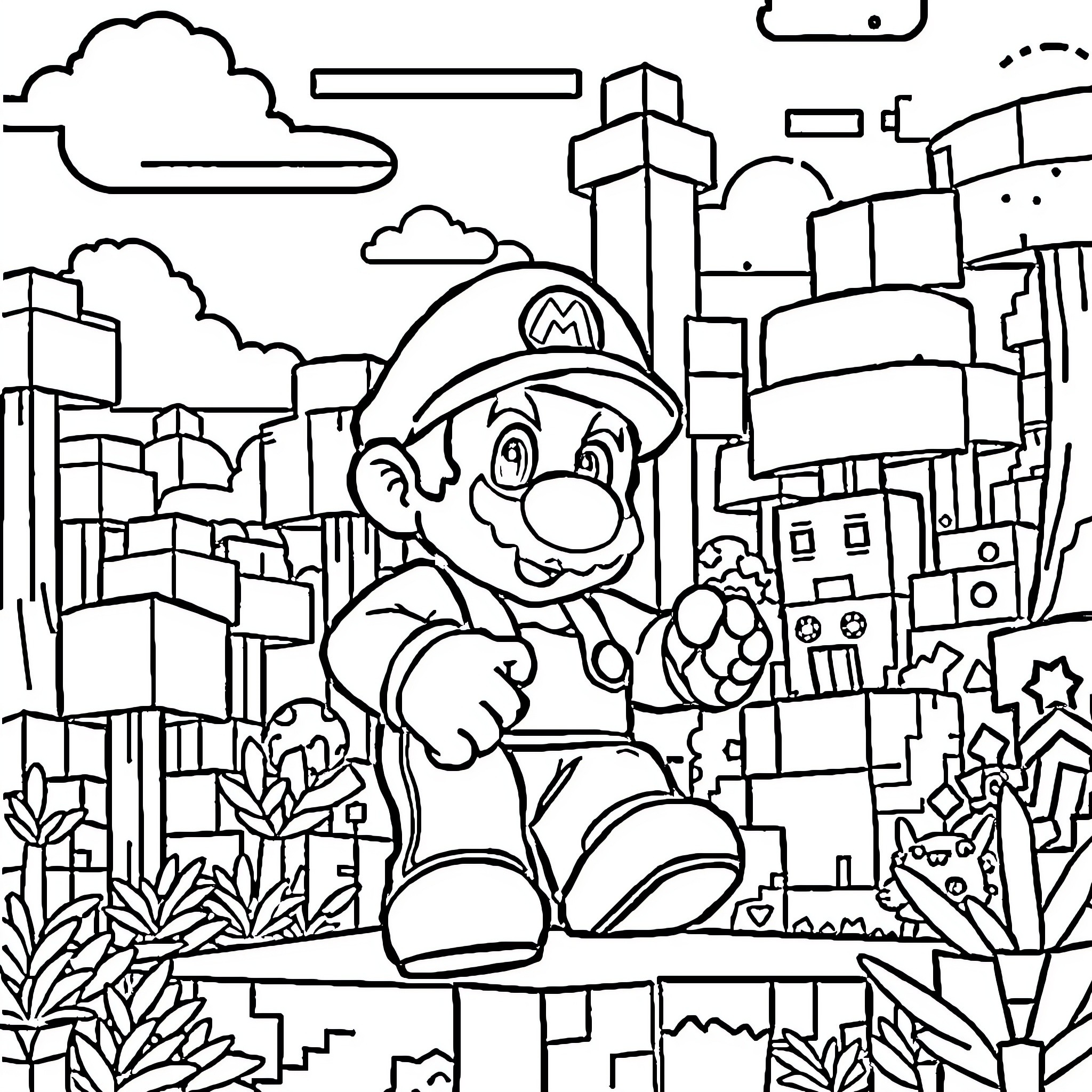Mario's Adventure in the Bustling City Coloring Page (free black-and-white line drawing printable PDF for all, from beginners to advanced learners, including children, teens, adults, and seniors)