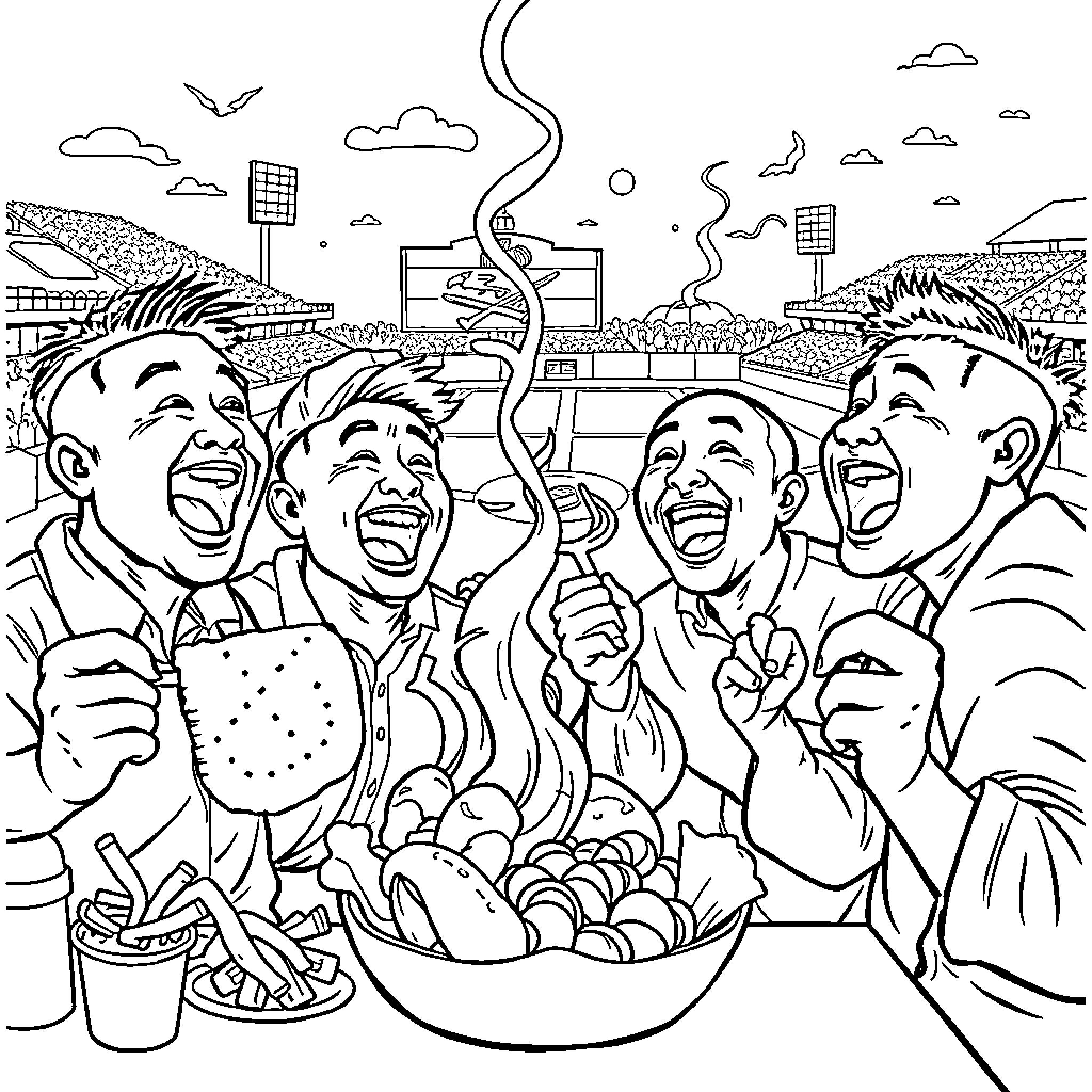 Guy friends having fun and cooking outdoors Coloring Page (free black-and-white line drawing printable PDF for all, from beginners to advanced learners, including children, teens, adults, and seniors)