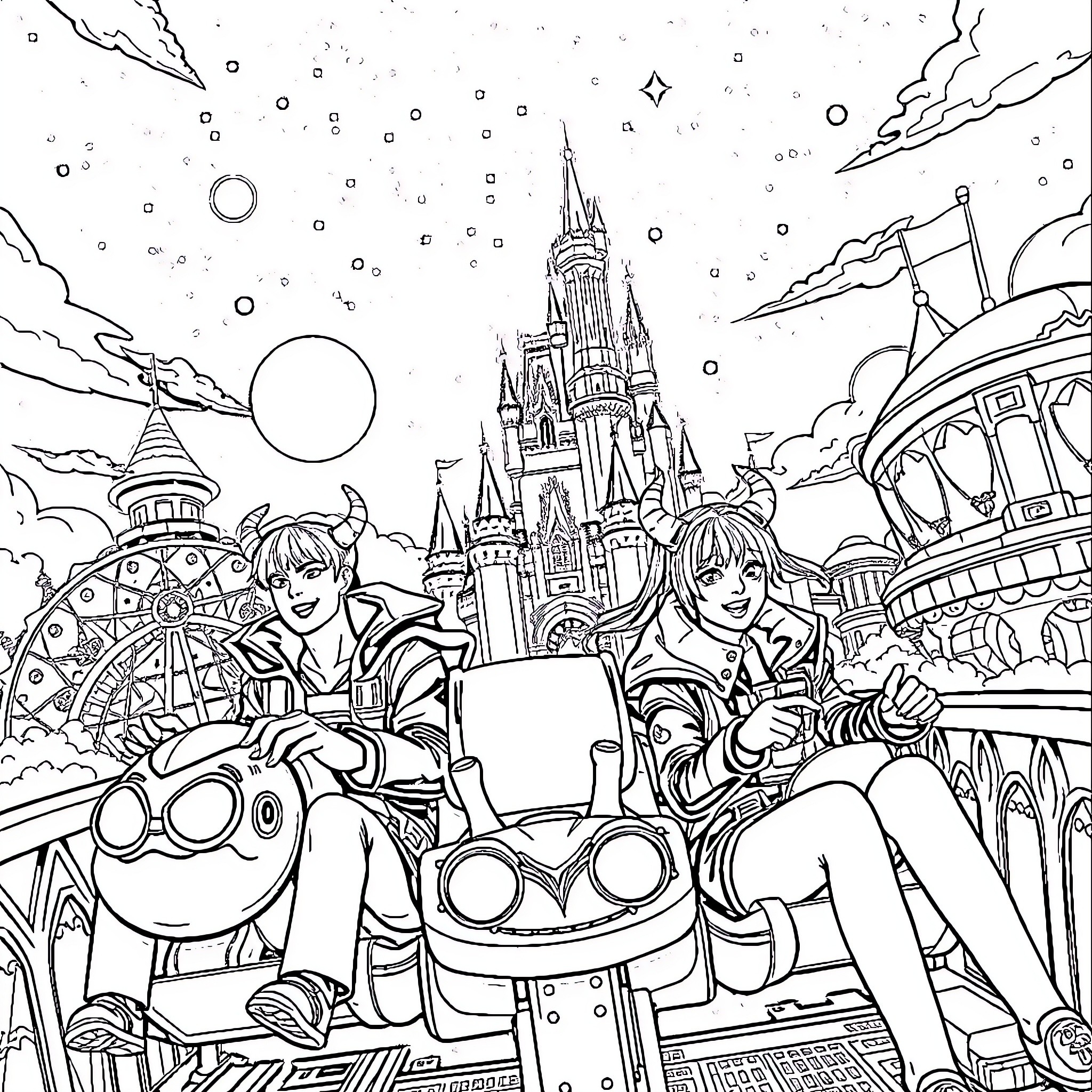 Demon Hunters in a Fantastical Realm Coloring Page (free black-and-white line drawing printable PDF for all, from beginners to advanced learners, including children, teens, adults, and seniors)