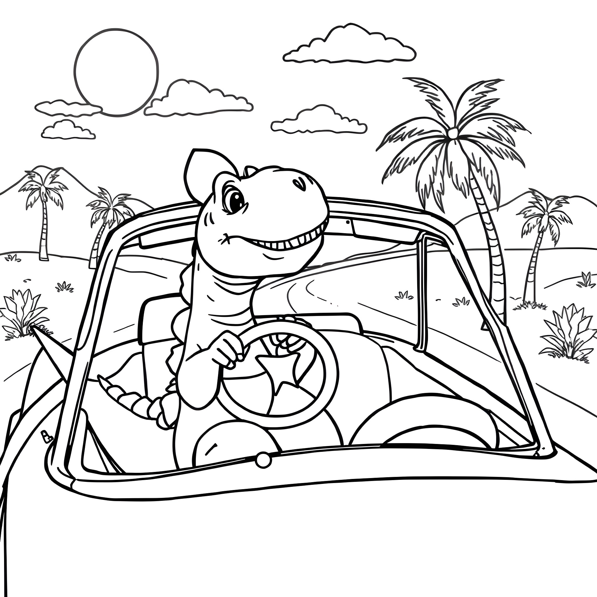 Dinosaur driving a car on a tropical beach Coloring Page (free black-and-white line drawing printable PDF for all, from beginners to advanced learners, including children, teens, adults, and seniors)