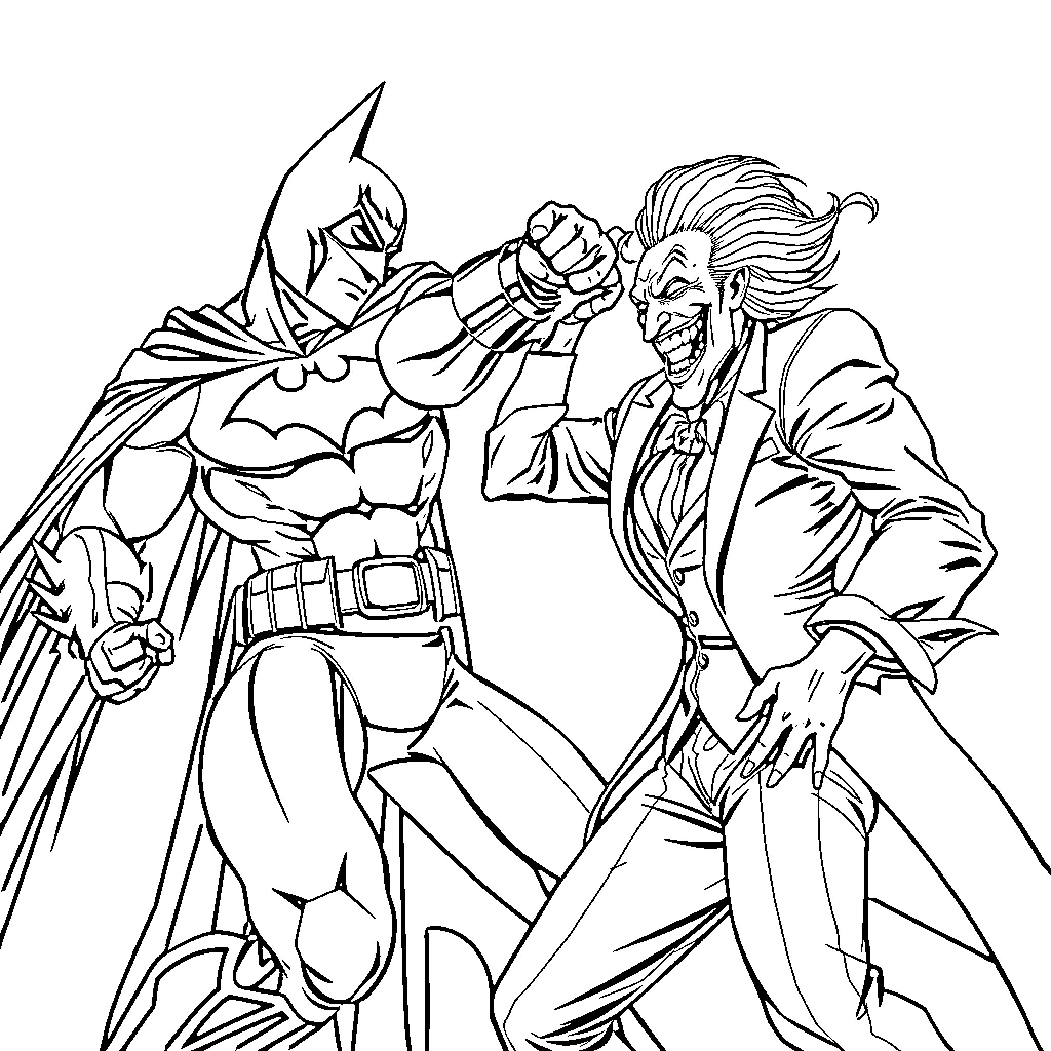 Batman battling the Joker in an intense confrontation Coloring Page (free black-and-white line drawing printable PDF for all, from beginners to advanced learners, including children, teens, adults, and seniors)