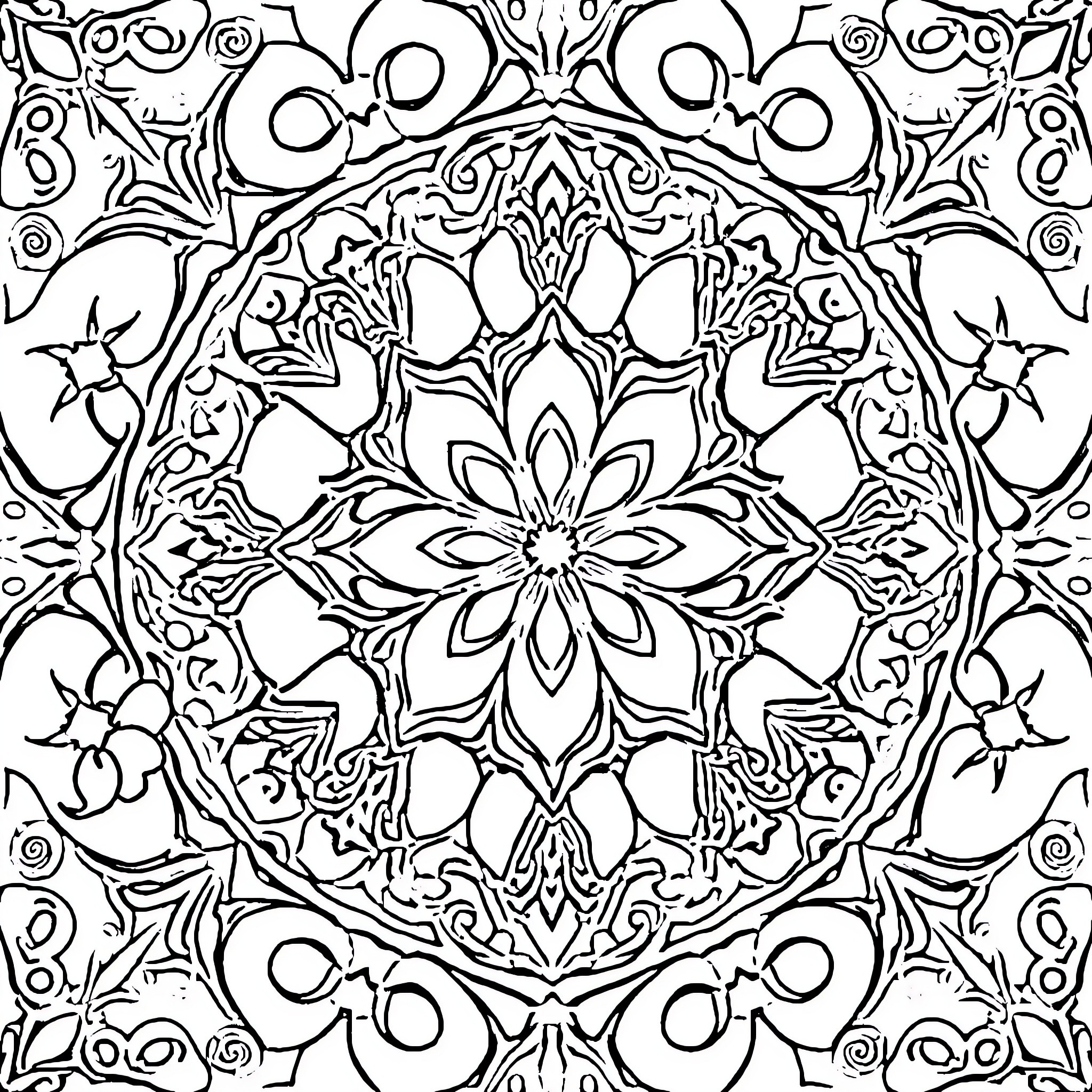 Baby Flower Mandala Pattern Coloring Page (free black-and-white line drawing printable PDF for all, from beginners to advanced learners, including children, teens, adults, and seniors)