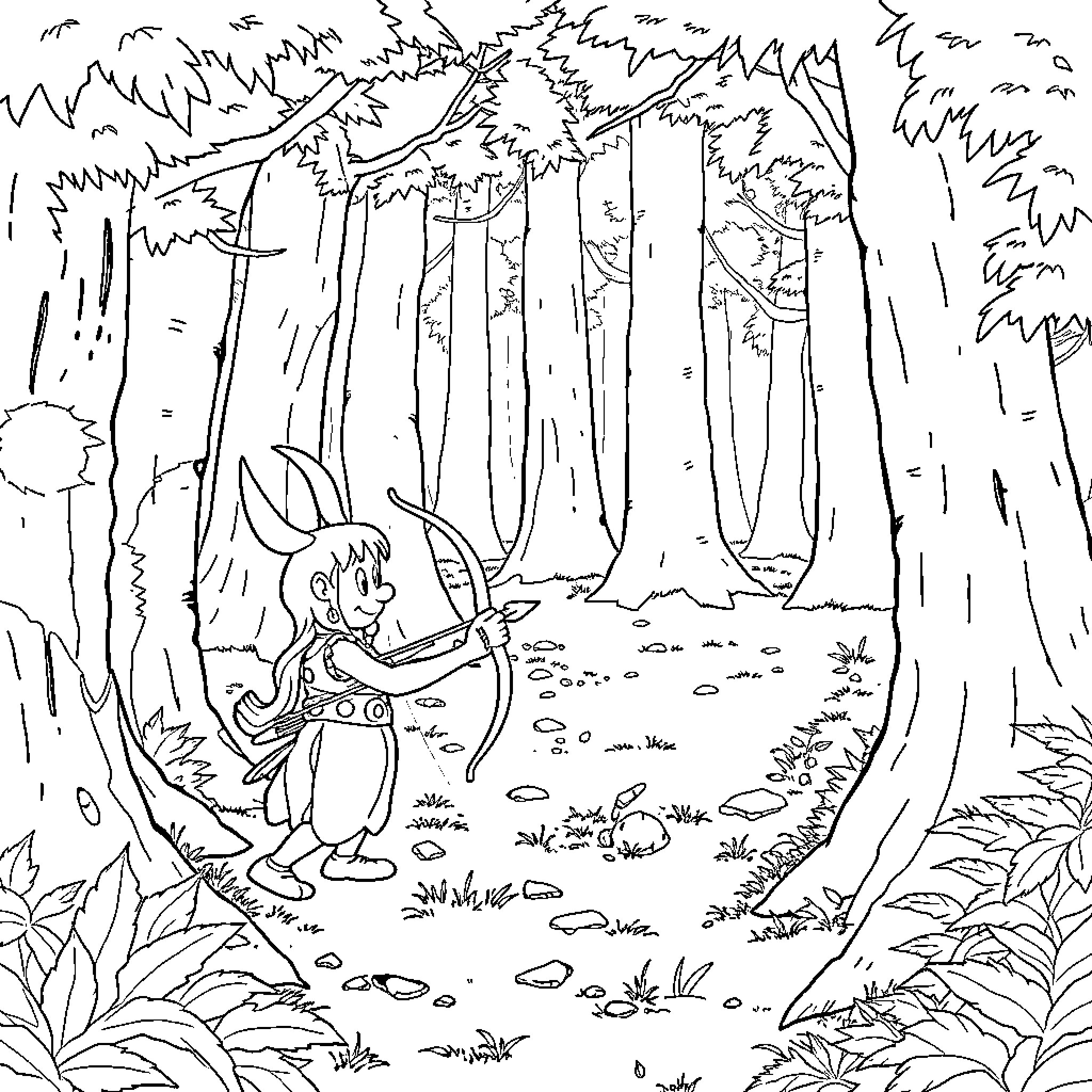 Asterix Exploring the Enchanted Forest Coloring Page (free black-and-white line drawing printable PDF for all, from beginners to advanced learners, including children, teens, adults, and seniors)