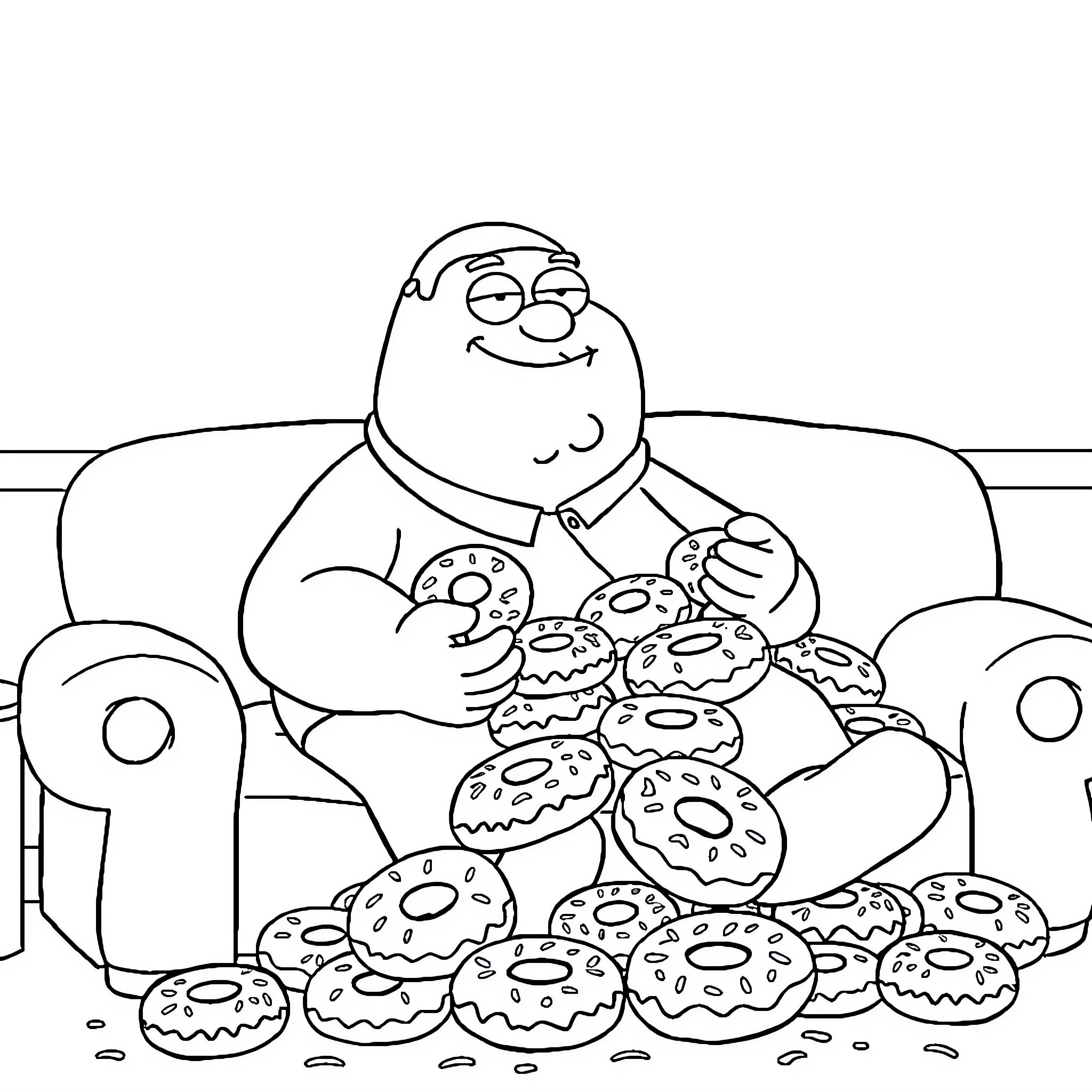 Peter Griffin enjoying a pile of donuts on the couch Coloring Page (free black-and-white line drawing printable PDF for all, from beginners to advanced learners, including children, teens, adults, and seniors)