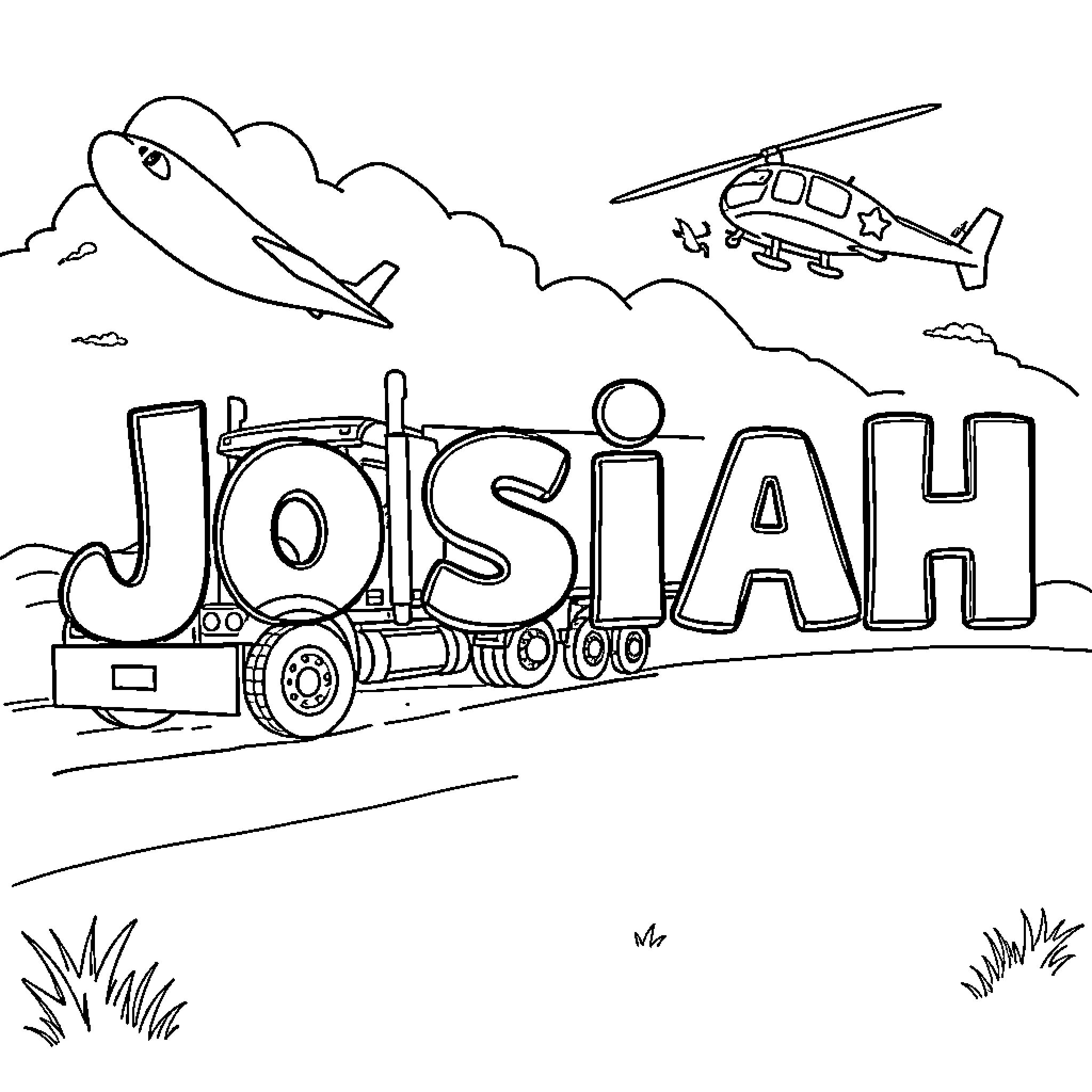 Josiah's Adventurous Exploration by Truck and Helicopter Coloring Page (free black-and-white line drawing printable PDF for all, from beginners to advanced learners, including children, teens, adults, and seniors)
