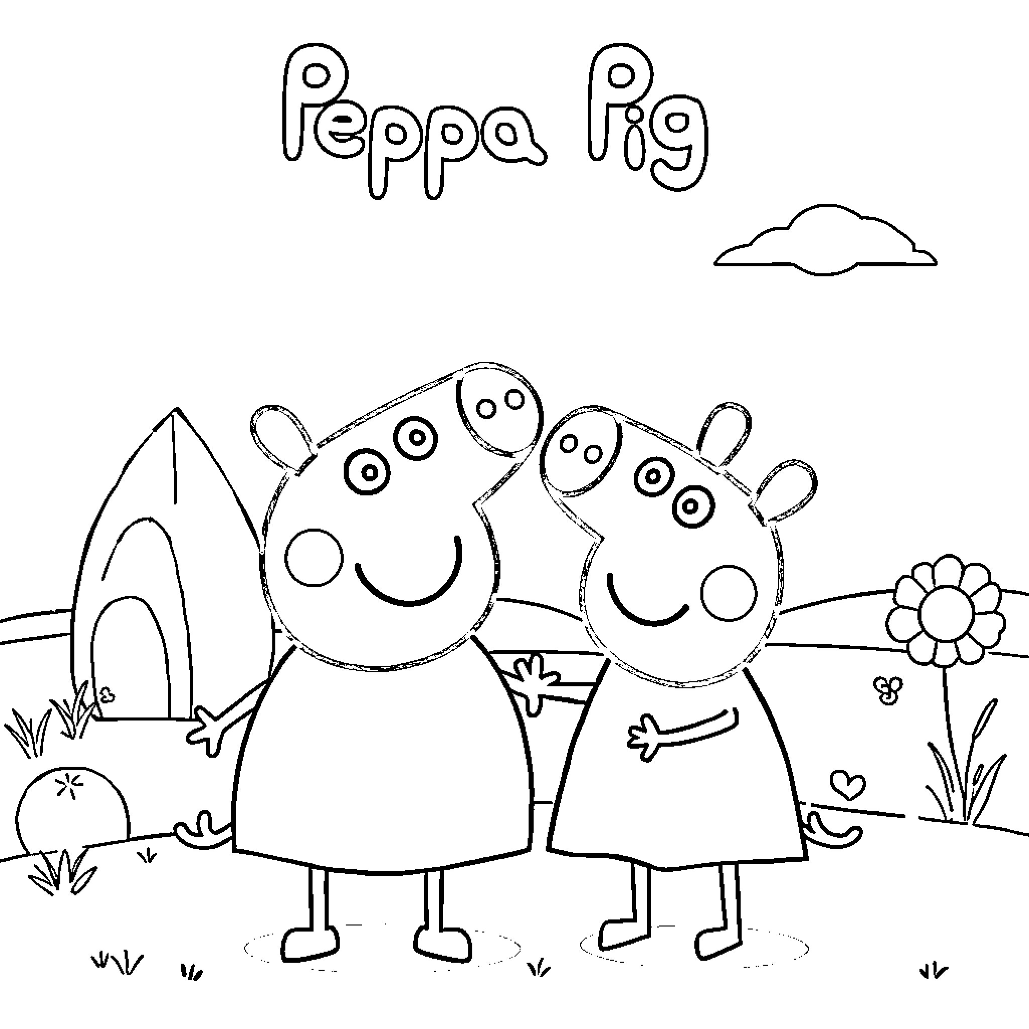 Peppa Pig and friends in a fun outdoor scene Coloring Page (free black-and-white line drawing printable PDF for all, from beginners to advanced learners, including children, teens, adults, and seniors)