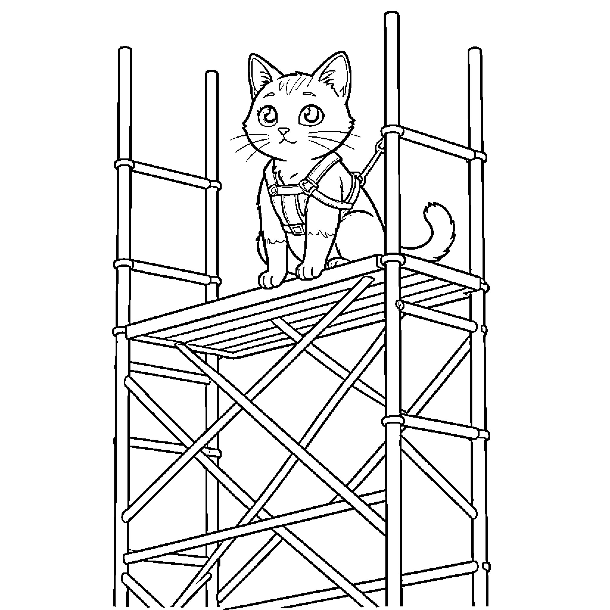 Cat on Construction Site Coloring Page (free black-and-white line drawing printable PDF for all, from beginners to advanced learners, including children, teens, adults, and seniors)