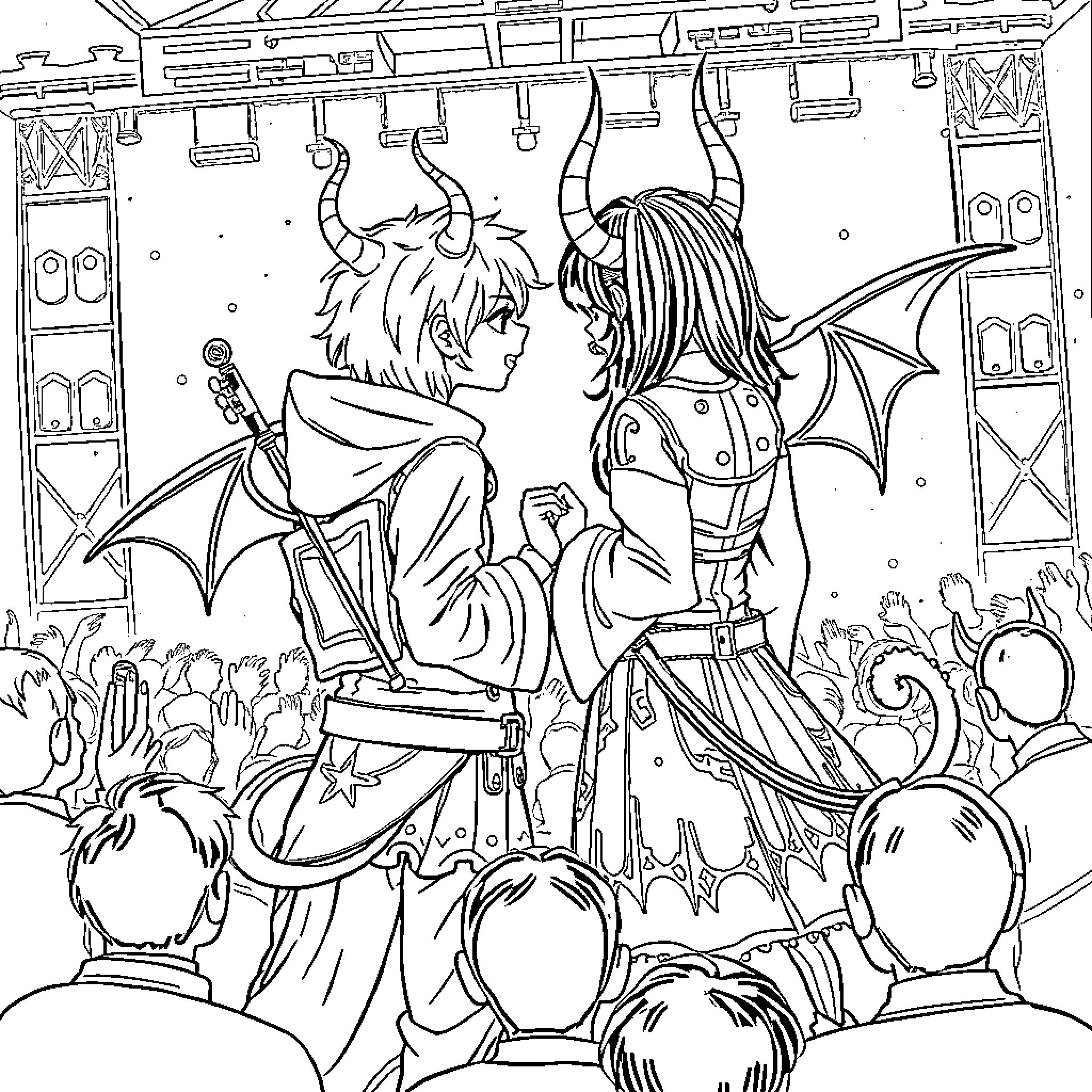 Jinu's Fantastical Performance on Stage Coloring Page (free black-and-white line drawing printable PDF for all, from beginners to advanced learners, including children, teens, adults, and seniors)