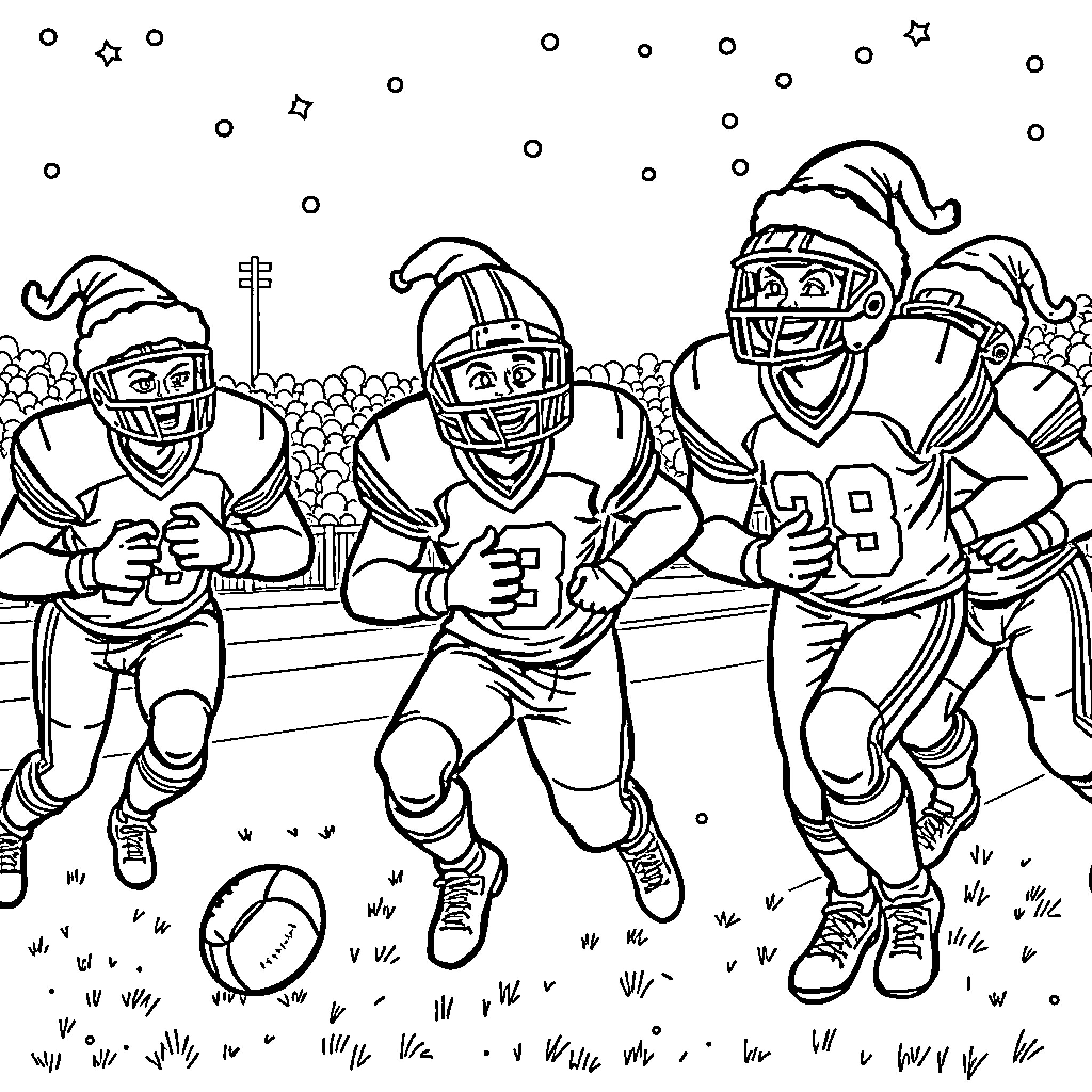Football players in action on the field Coloring Page (free black-and-white line drawing printable PDF for all, from beginners to advanced learners, including children, teens, adults, and seniors)
