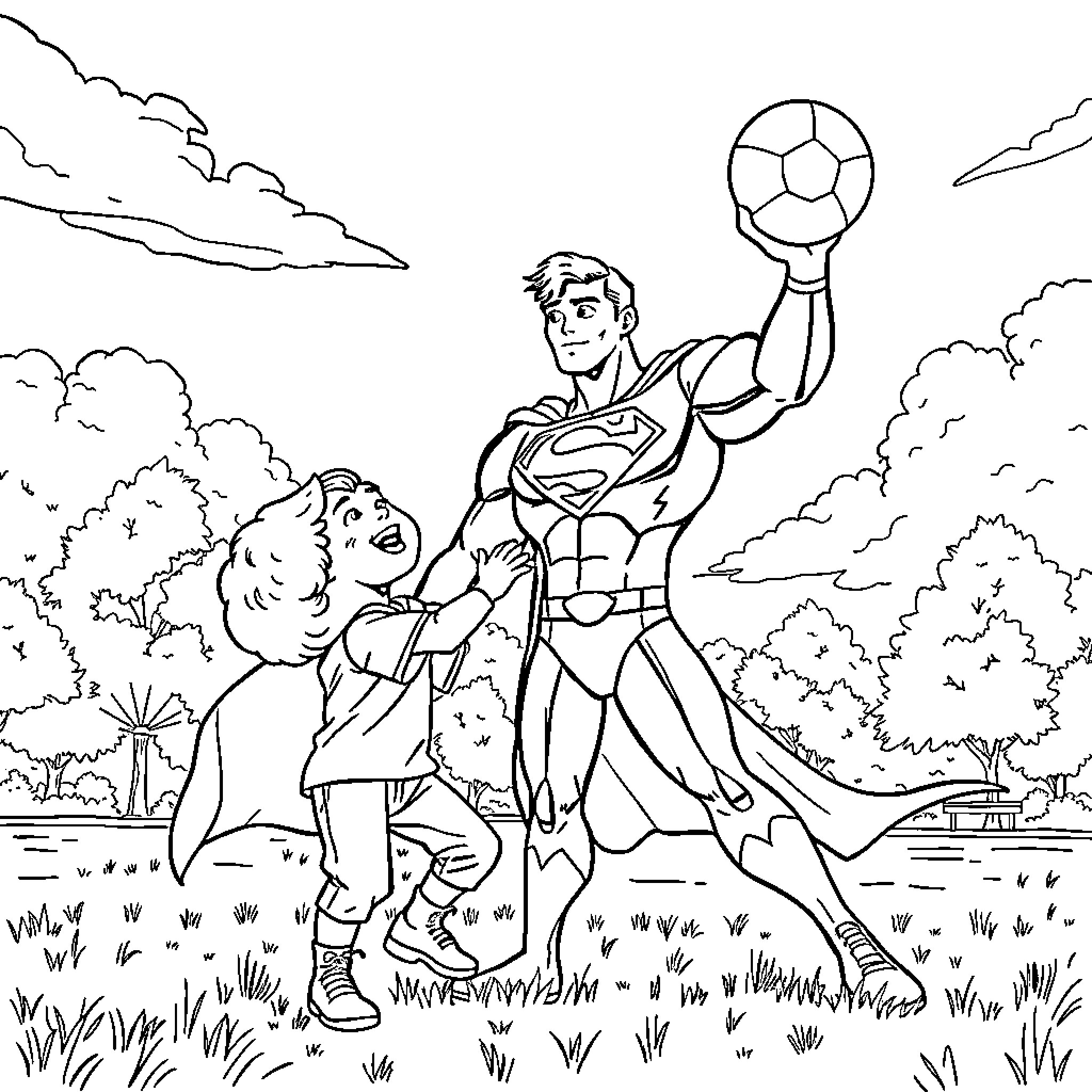 Nemo Meets Superhero in Outdoor Adventure Coloring Page (free black-and-white line drawing printable PDF for all, from beginners to advanced learners, including children, teens, adults, and seniors)