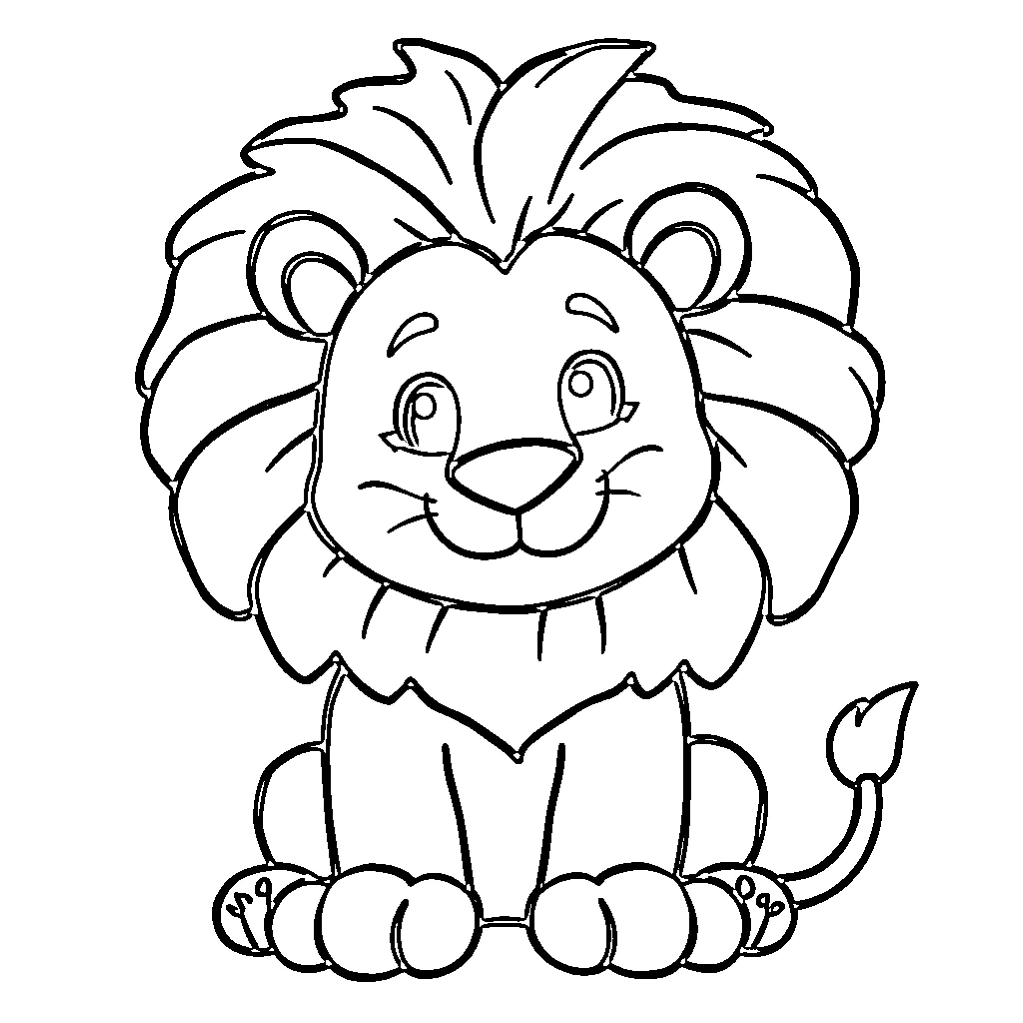 Lion cub with friendly expression Coloring Page (free black-and-white line drawing printable PDF for all, from beginners to advanced learners, including children, teens, adults, and seniors)