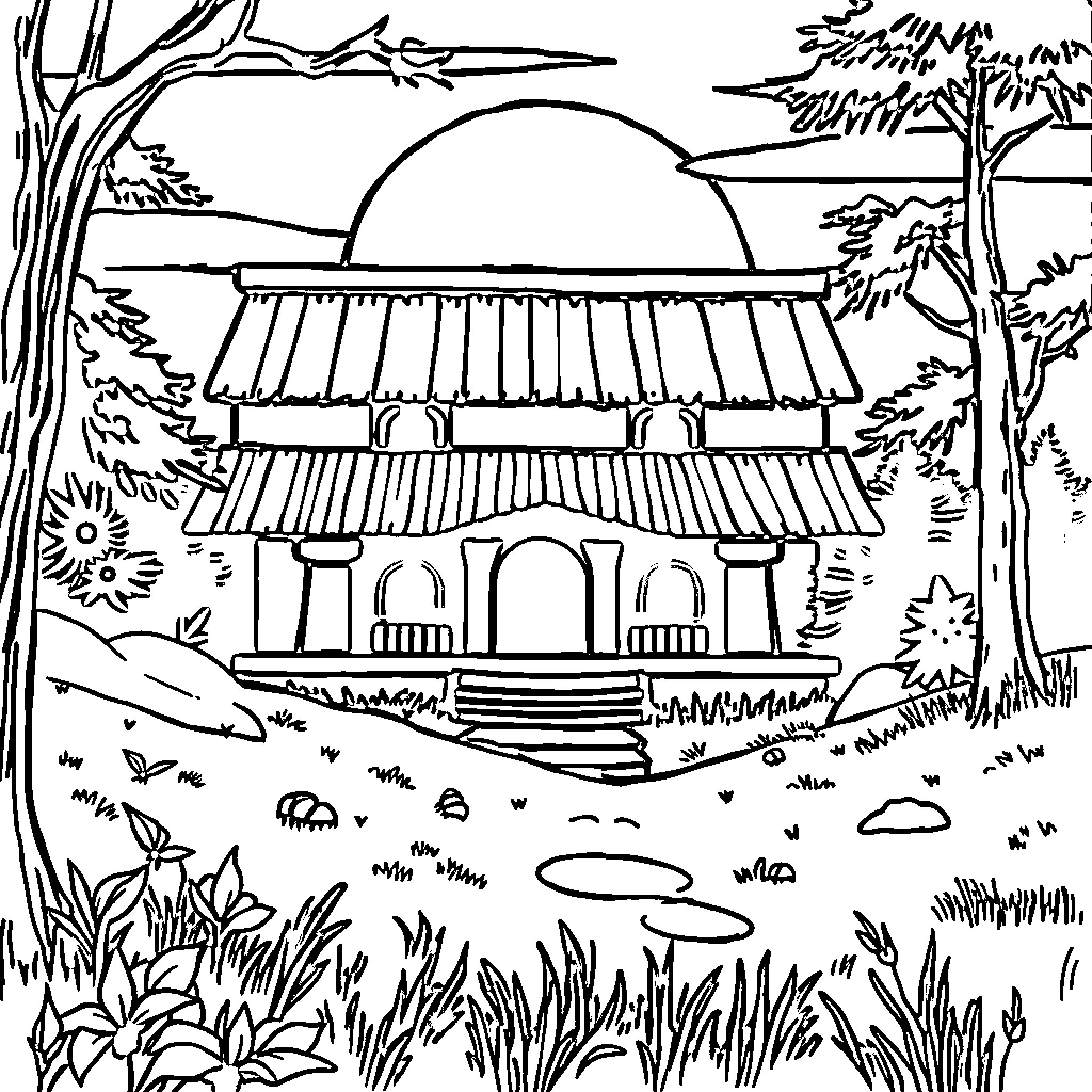 قصة مصورة لبناء جميل في الحديقة Coloring Page (free black-and-white line drawing printable PDF for all, from beginners to advanced learners, including children, teens, adults, and seniors)