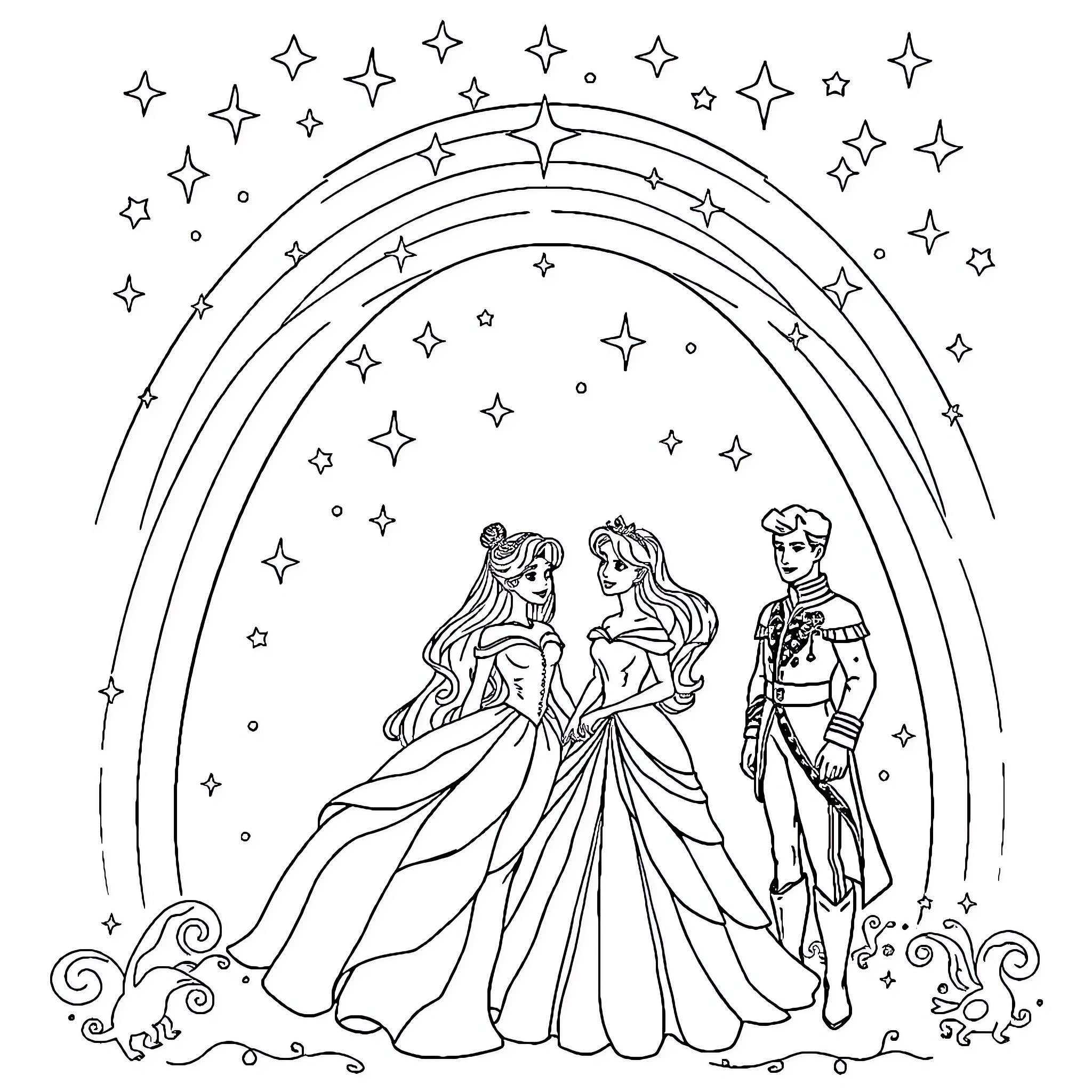 Princess trio under the starry sky Coloring Page (free black-and-white line drawing printable PDF for all, from beginners to advanced learners, including children, teens, adults, and seniors)