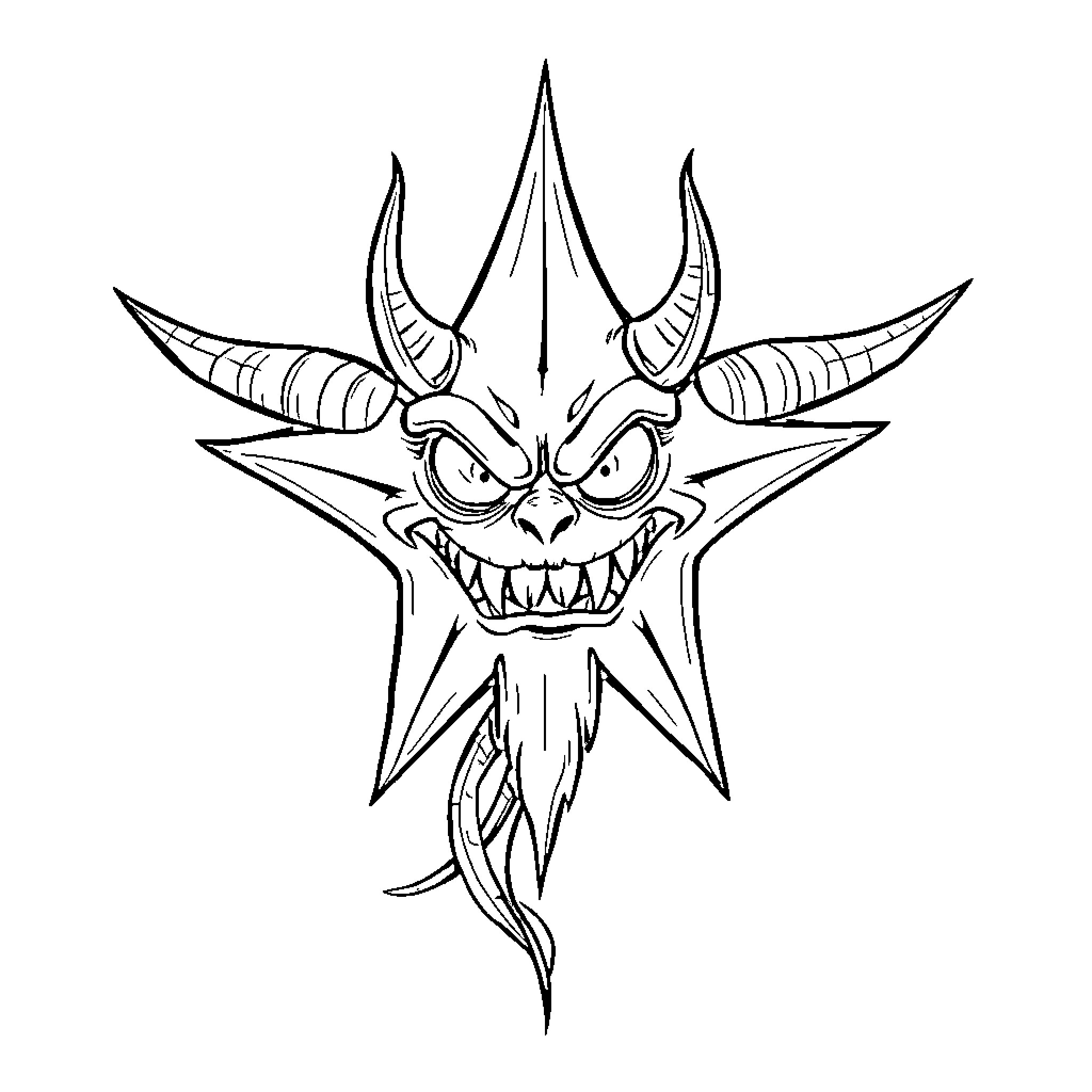 Monster with Menacing Horns and Wicked Grin Coloring Page (free black-and-white line drawing printable PDF for all, from beginners to advanced learners, including children, teens, adults, and seniors)