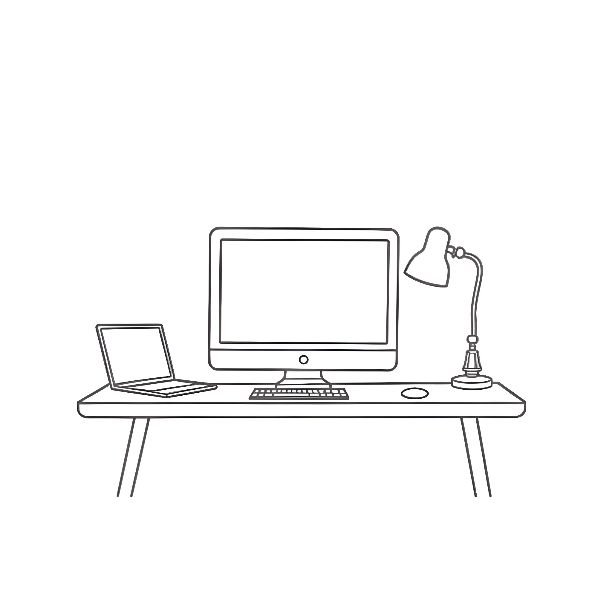Computer Desk with Monitor, Laptop, and Lamp Coloring Page (free black-and-white line drawing printable PDF for all, from beginners to advanced learners, including children, teens, adults, and seniors)