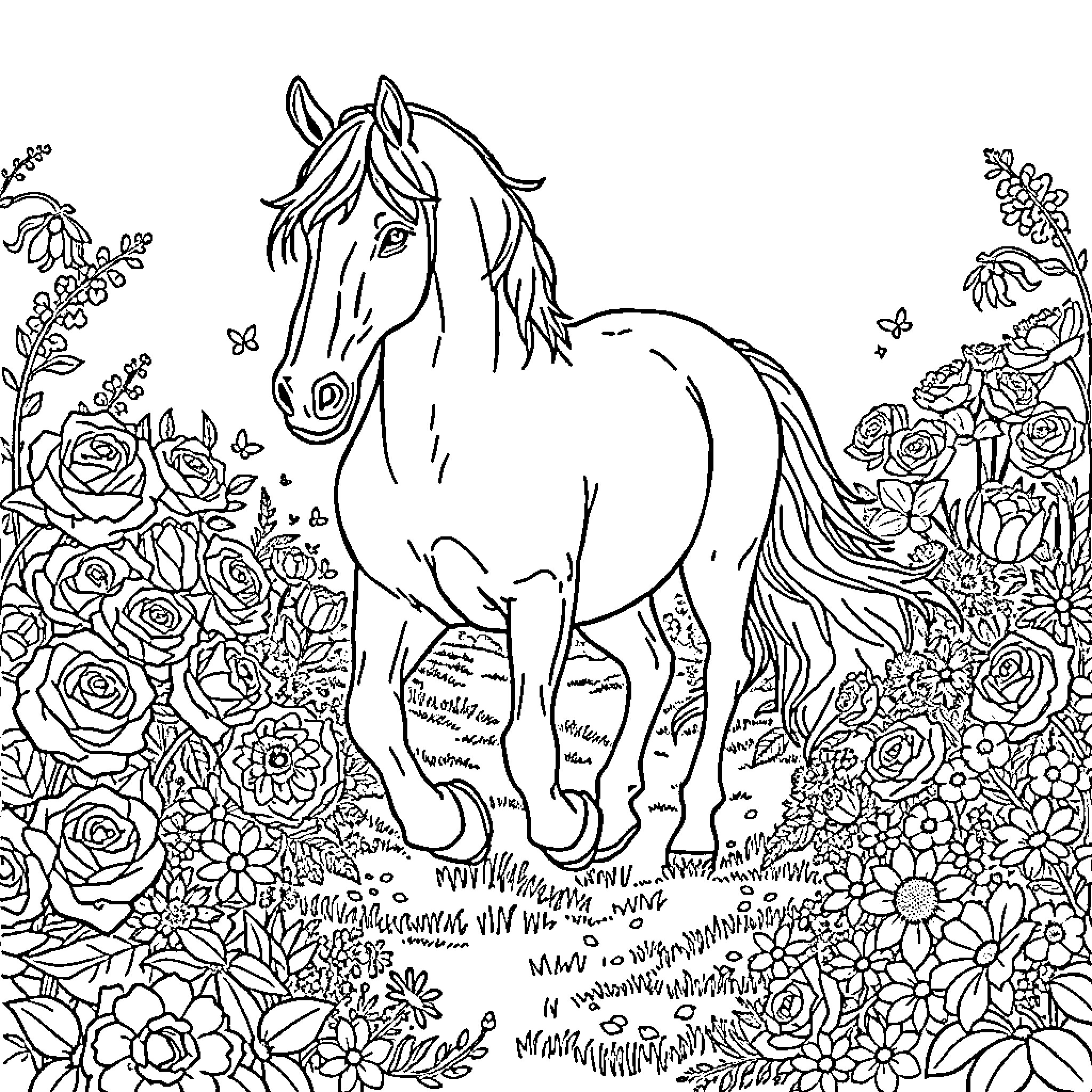 Unicorn in a Floral Garden Coloring Page (free black-and-white line drawing printable PDF for all, from beginners to advanced learners, including children, teens, adults, and seniors)