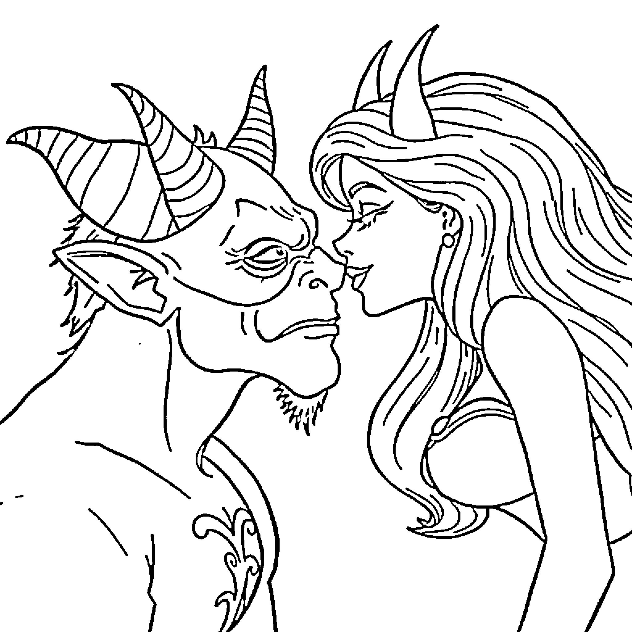 Barbie talking to a horned creature Coloring Page (free black-and-white line drawing printable PDF for all, from beginners to advanced learners, including children, teens, adults, and seniors)