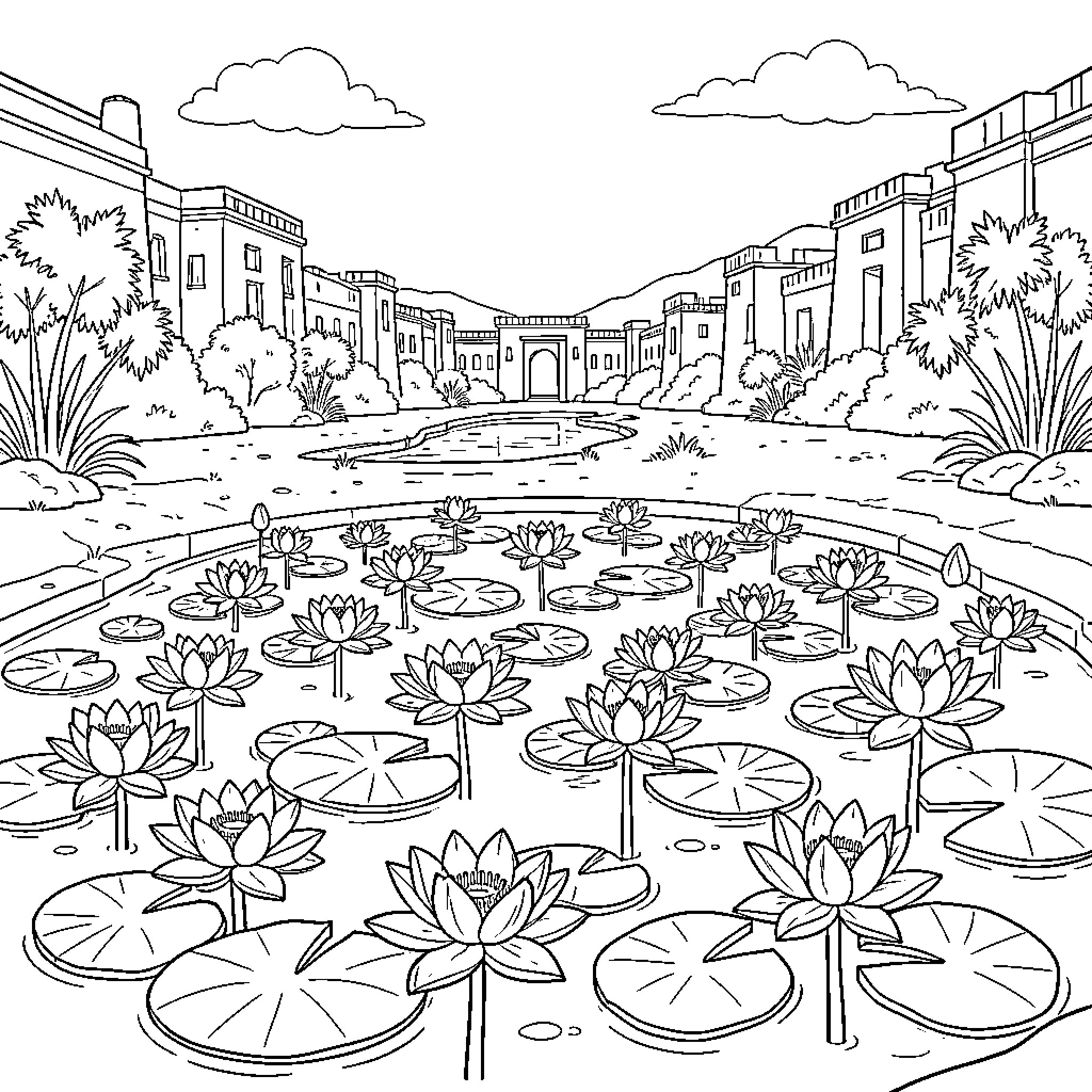 Lotus flowers blooming in a peaceful garden pond Coloring Page (free black-and-white line drawing printable PDF for all, from beginners to advanced learners, including children, teens, adults, and seniors)