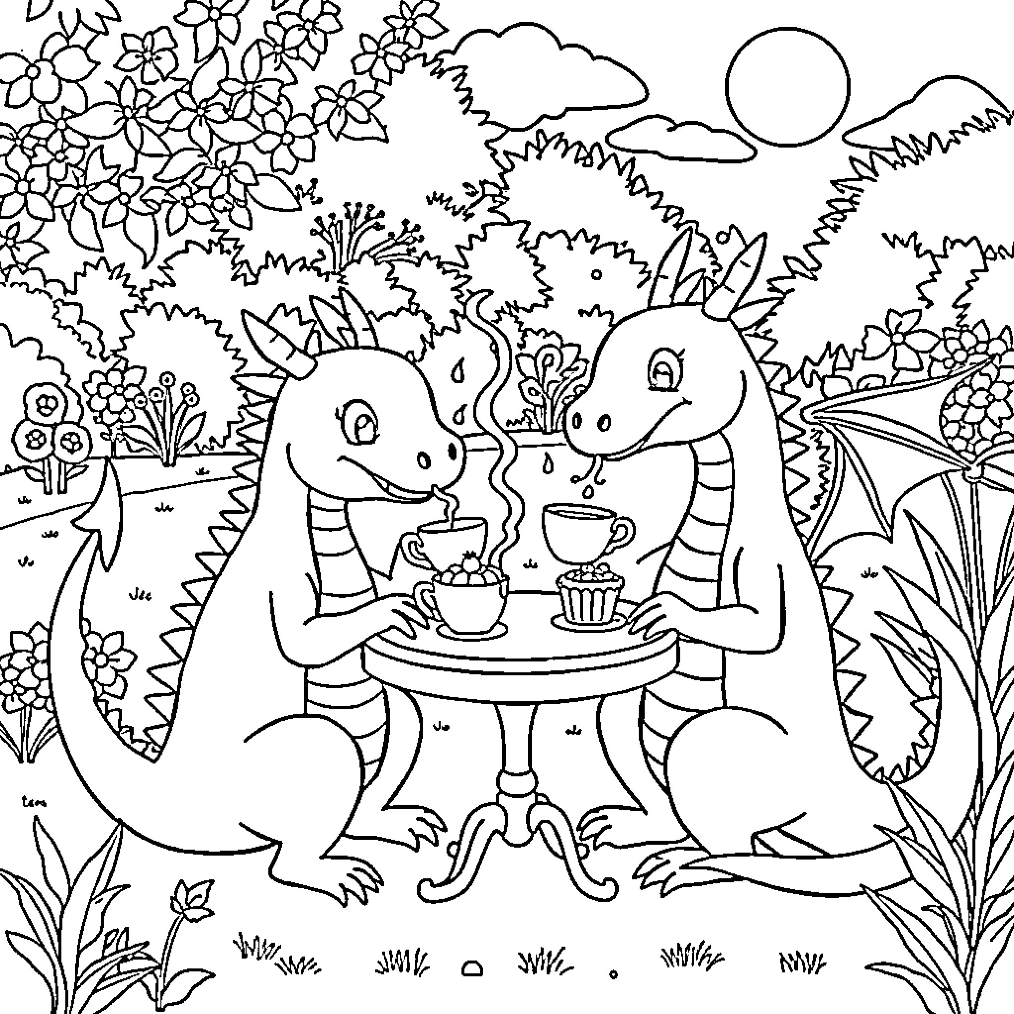 Dragons enjoying a tea party in the garden Coloring Page (free black-and-white line drawing printable PDF for all, from beginners to advanced learners, including children, teens, adults, and seniors)