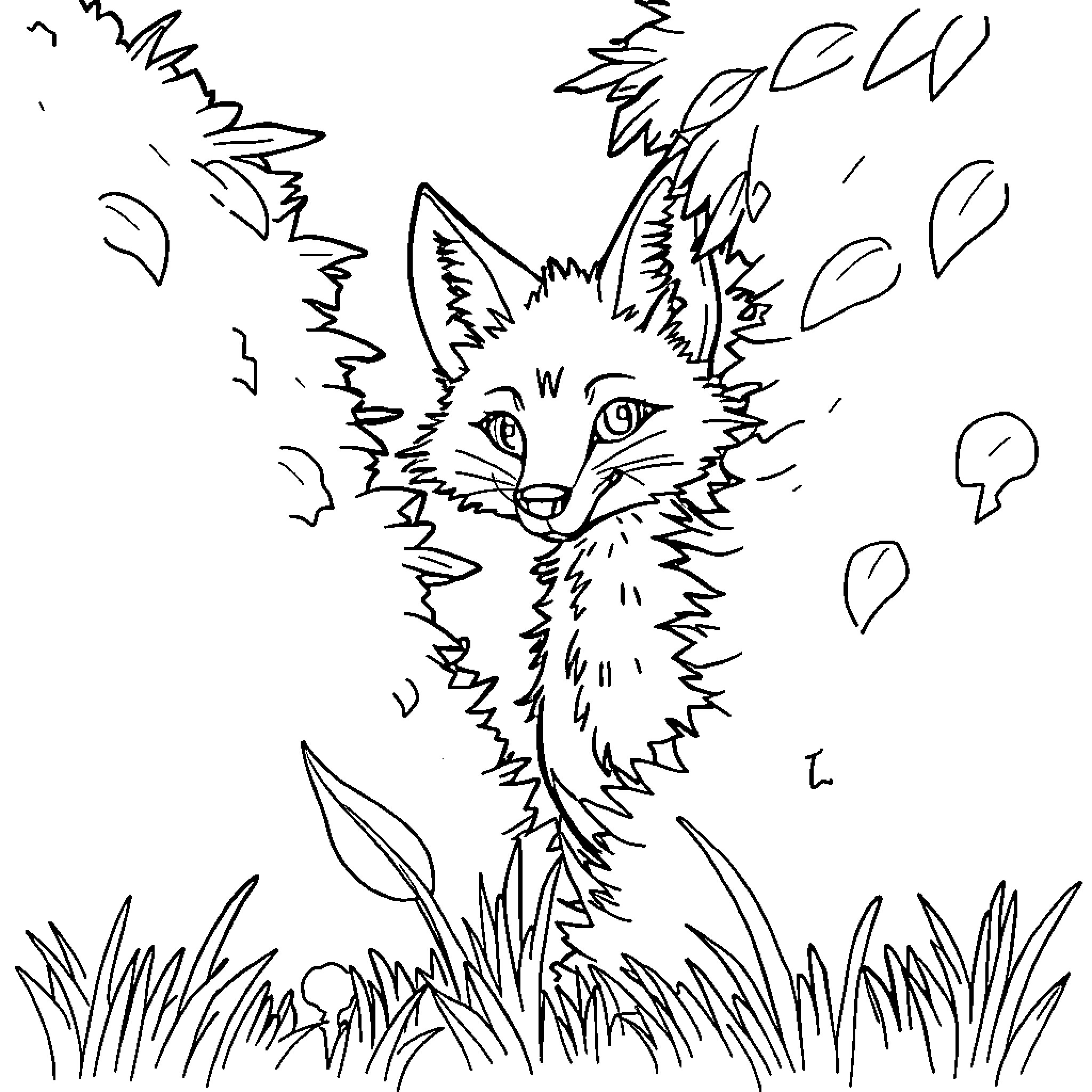 Fox peering curiously in the forest Coloring Page (free black-and-white line drawing printable PDF for all, from beginners to advanced learners, including children, teens, adults, and seniors)
