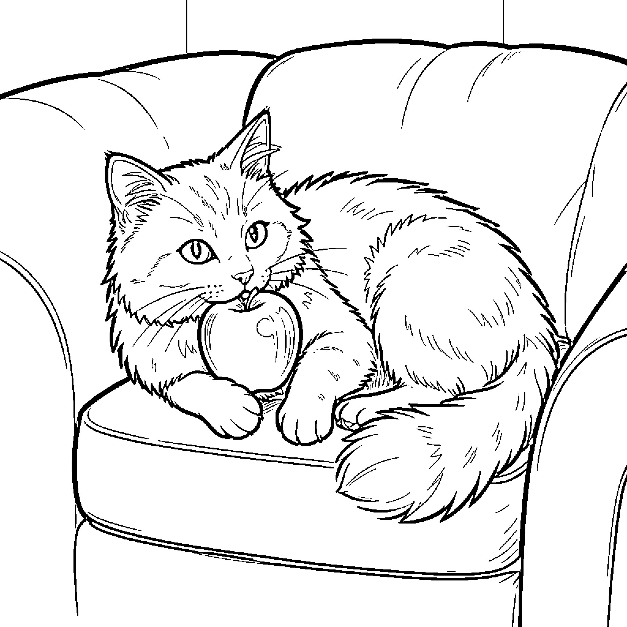 Cat curled up in a cozy basket Coloring Page (free black-and-white line drawing printable PDF for all, from beginners to advanced learners, including children, teens, adults, and seniors)