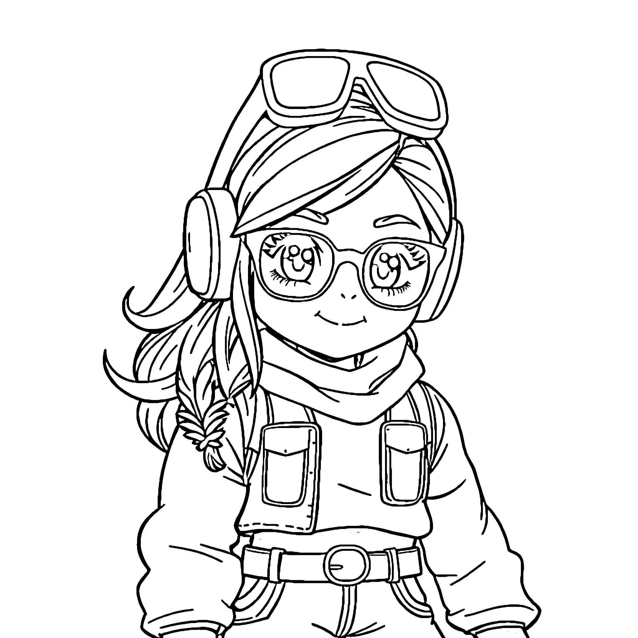 Roblox Girl Pilot Outfit and Goggles Coloring Page (free black-and-white line drawing printable PDF for all, from beginners to advanced learners, including children, teens, adults, and seniors)