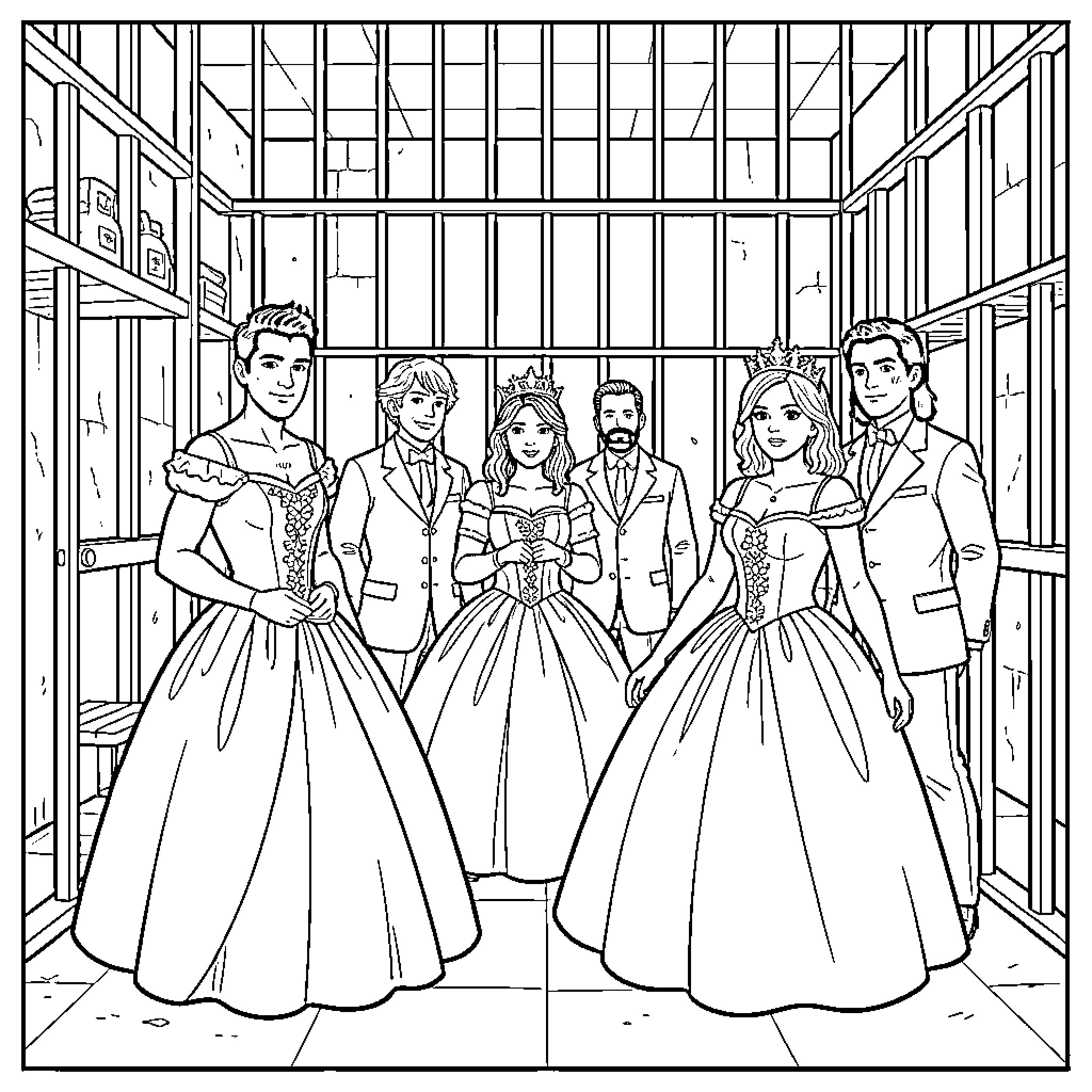 Dalton and royal family members posing in a dungeon Coloring Page (free black-and-white line drawing printable PDF for all, from beginners to advanced learners, including children, teens, adults, and seniors)