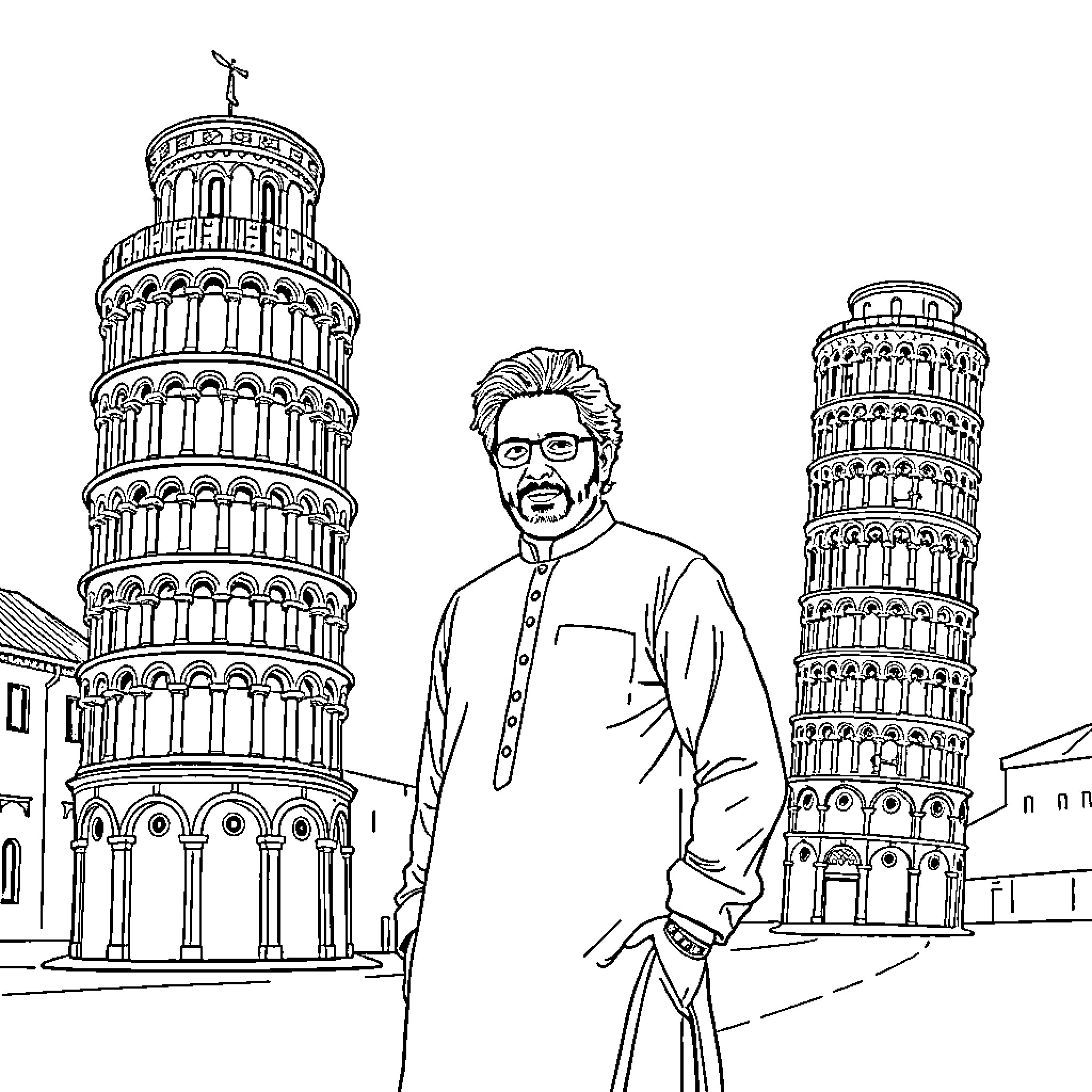 Imran Khan visiting the Leaning Tower of Pisa Coloring Page (free black-and-white line drawing printable PDF for all, from beginners to advanced learners, including children, teens, adults, and seniors)