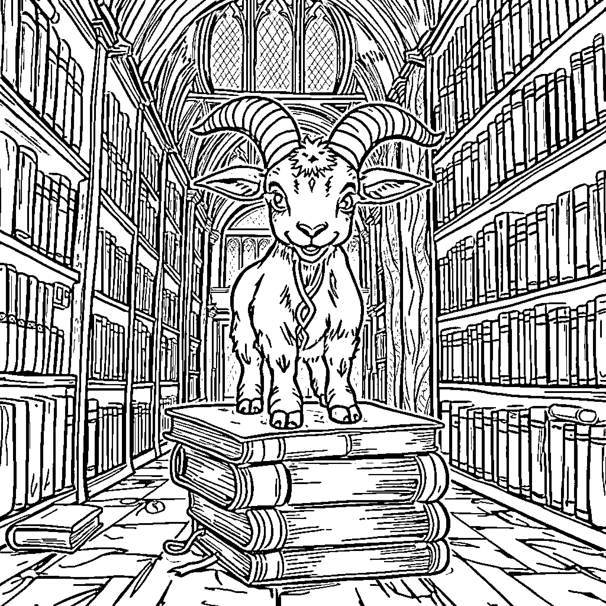 Goat relaxing on a stack of books in a library Coloring Page (free black-and-white line drawing printable PDF for all, from beginners to advanced learners, including children, teens, adults, and seniors)