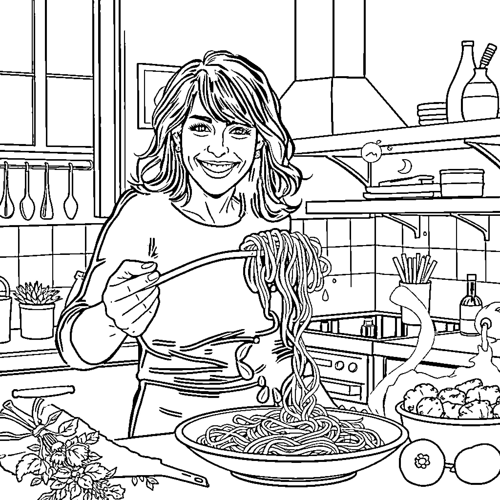 Mylène Farmer cooking in a vibrant kitchen scene Coloring Page (free black-and-white line drawing printable PDF for all, from beginners to advanced learners, including children, teens, adults, and seniors)