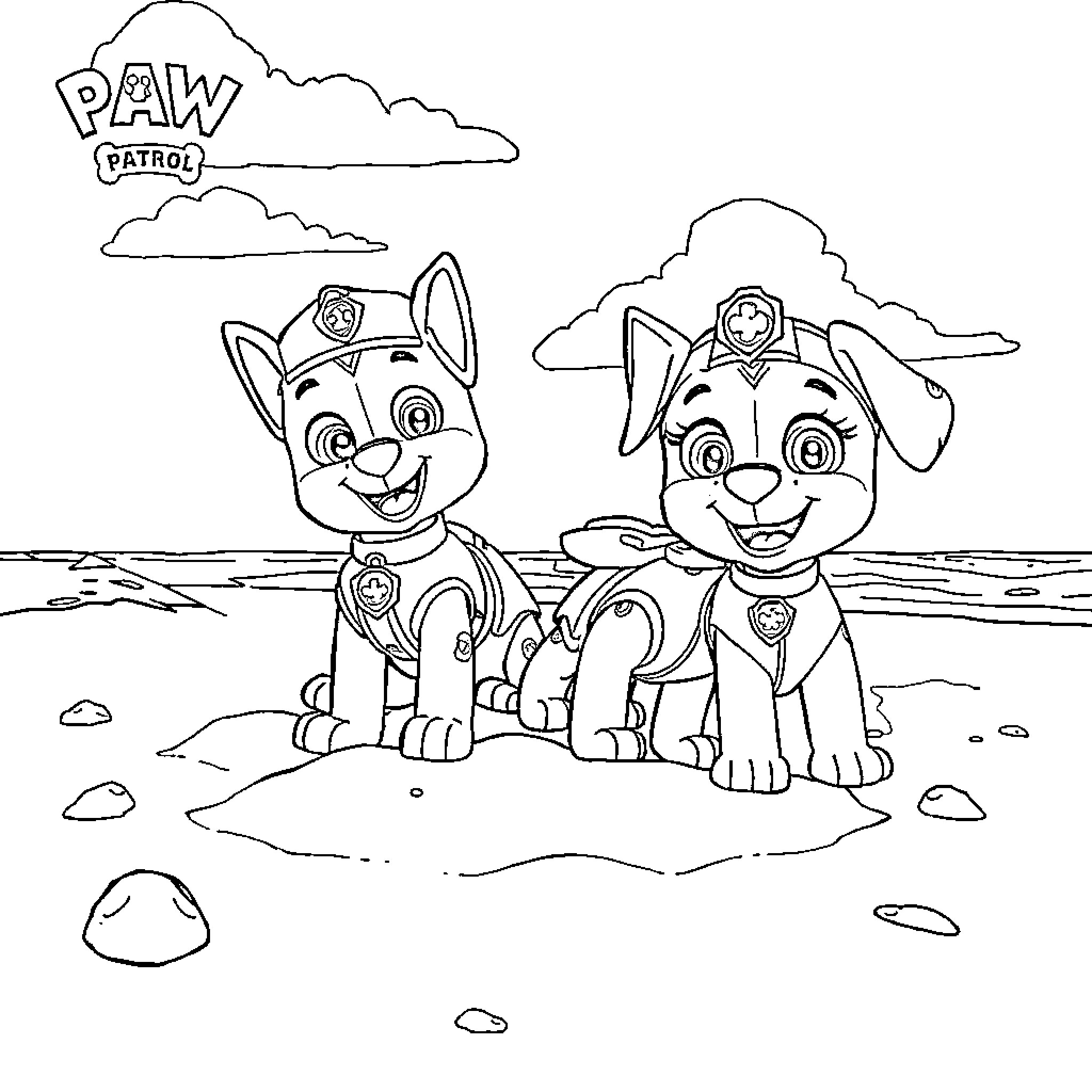 Paw Patrol friends enjoying the outdoors Coloring Page (free black-and-white line drawing printable PDF for all, from beginners to advanced learners, including children, teens, adults, and seniors)