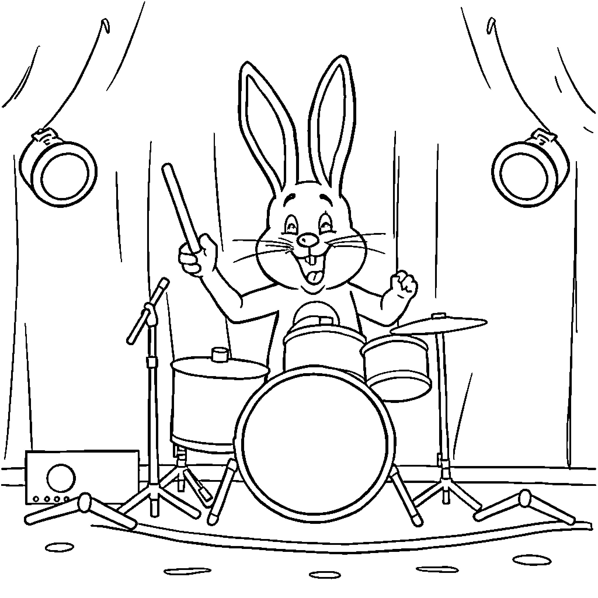 Bunny playing enthusiastically on drum set Coloring Page (free black-and-white line drawing printable PDF for all, from beginners to advanced learners, including children, teens, adults, and seniors)