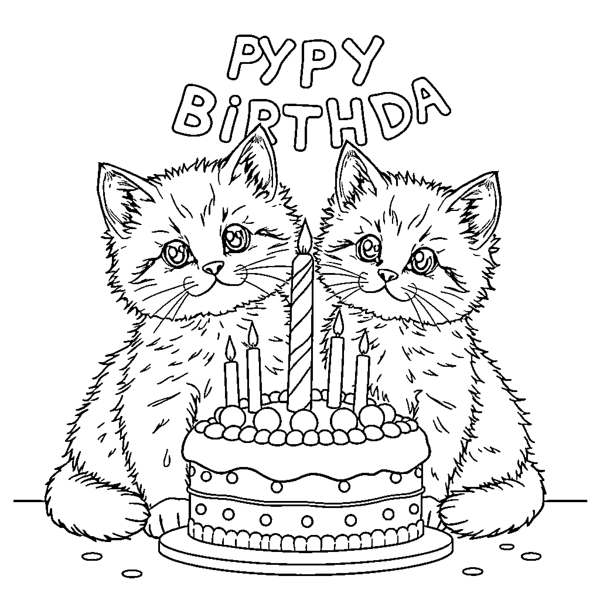Kitty Birthday Celebration with Cake Coloring Page (free black-and-white line drawing printable PDF for all, from beginners to advanced learners, including children, teens, adults, and seniors)