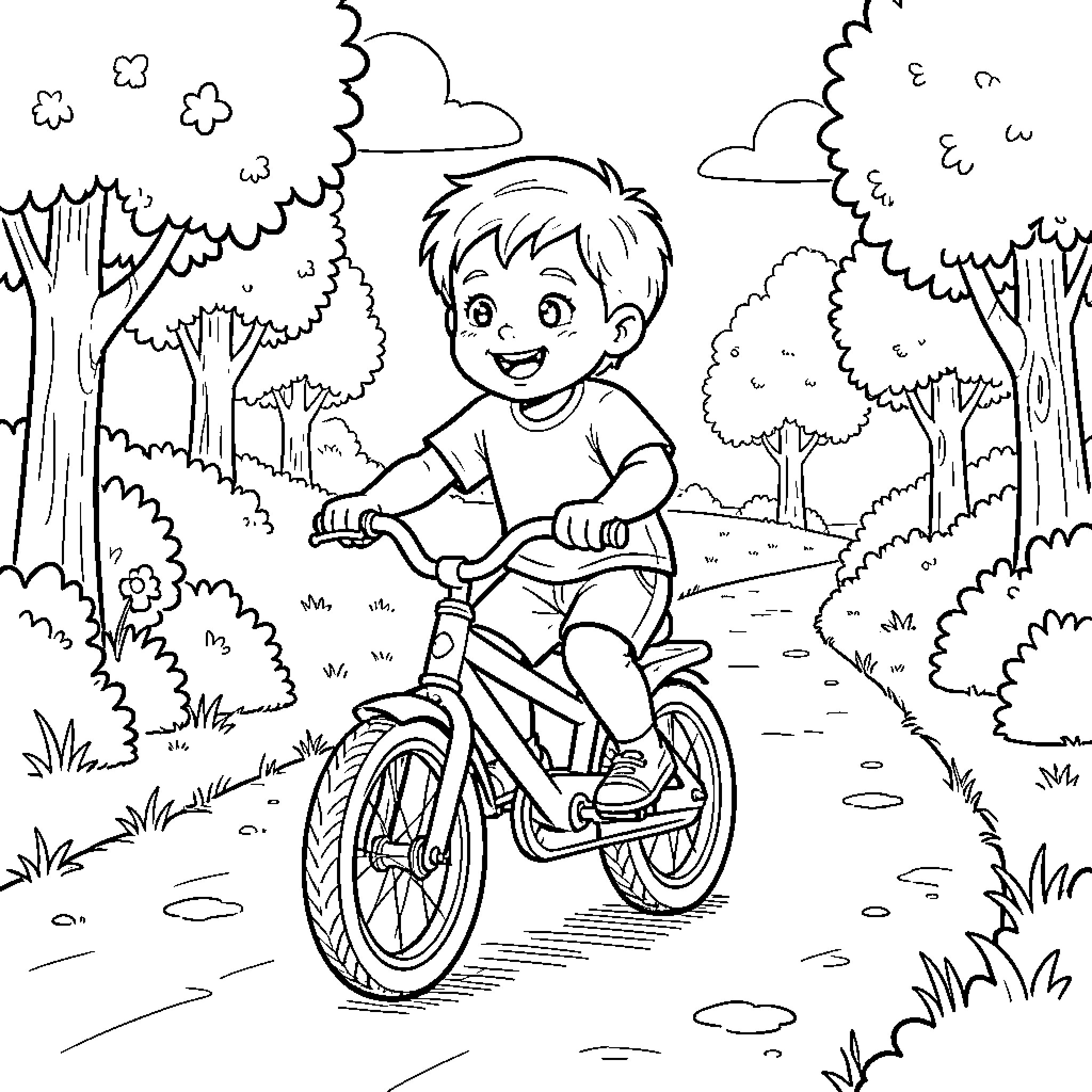 Boy riding a bicycle along a forest path Coloring Page (free black-and-white line drawing printable PDF for all, from beginners to advanced learners, including children, teens, adults, and seniors)