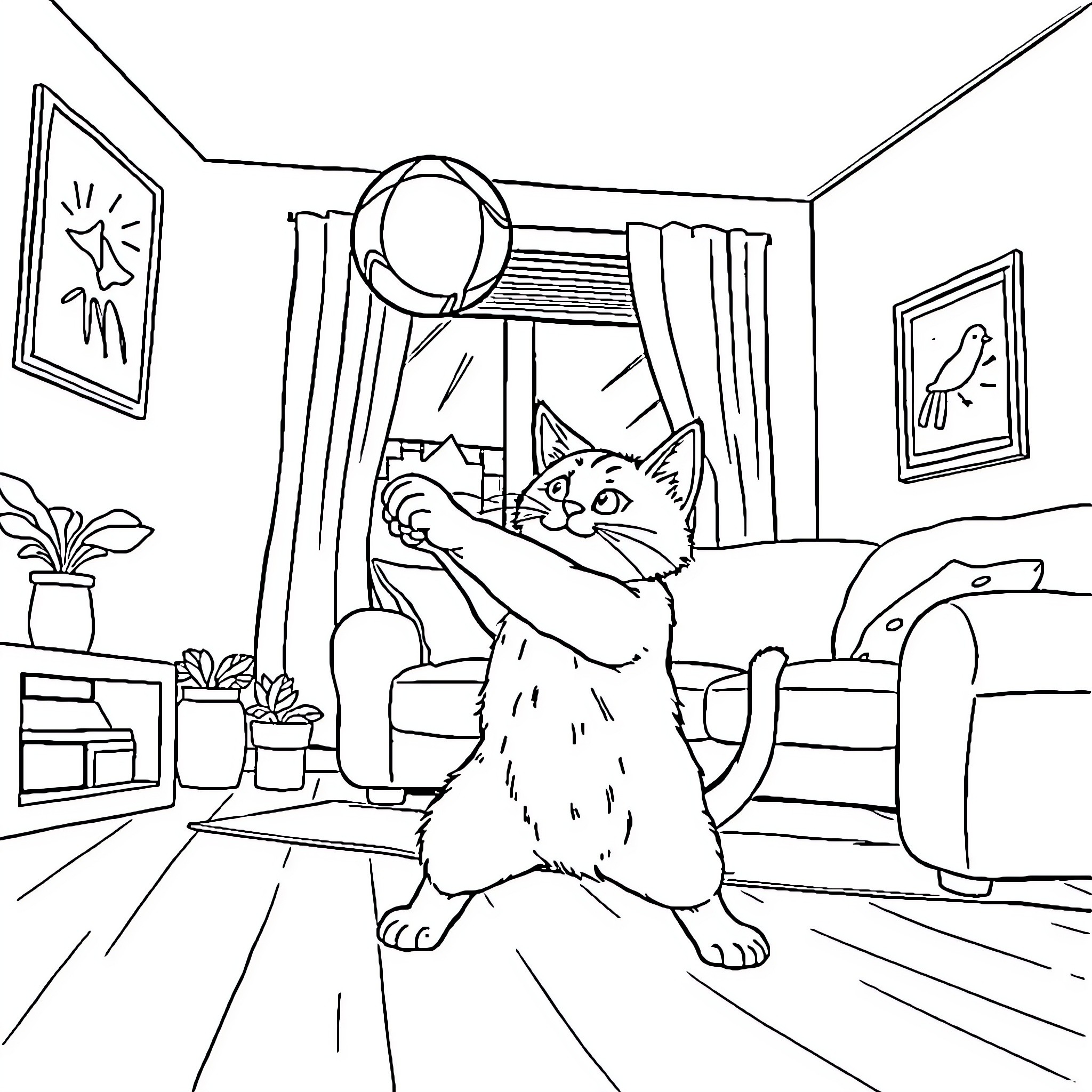 Cat exploring cozy indoor space Coloring Page (free black-and-white line drawing printable PDF for all, from beginners to advanced learners, including children, teens, adults, and seniors)