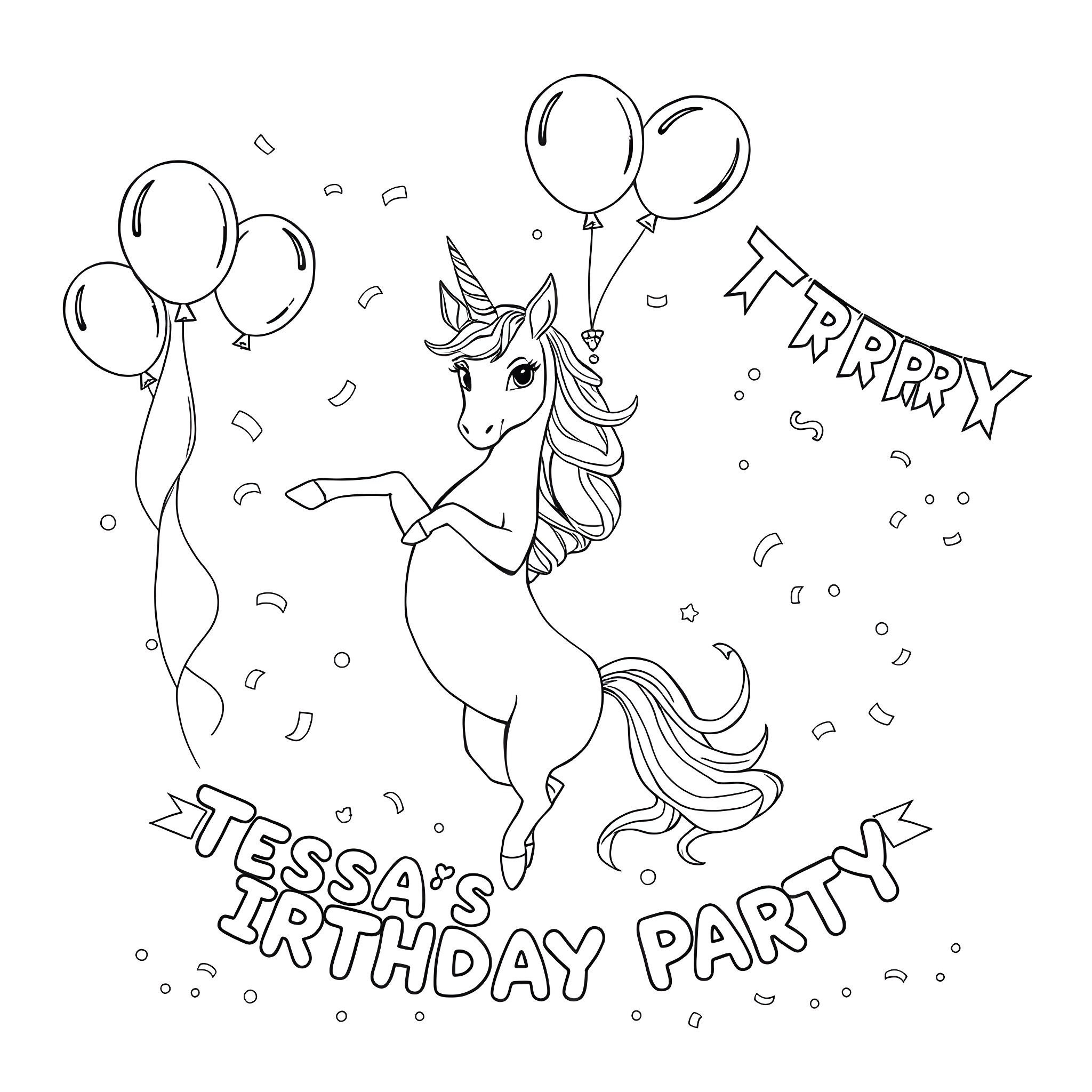 Unicorn celebrating a birthday party with balloons Coloring Page (free black-and-white line drawing printable PDF for all, from beginners to advanced learners, including children, teens, adults, and seniors)