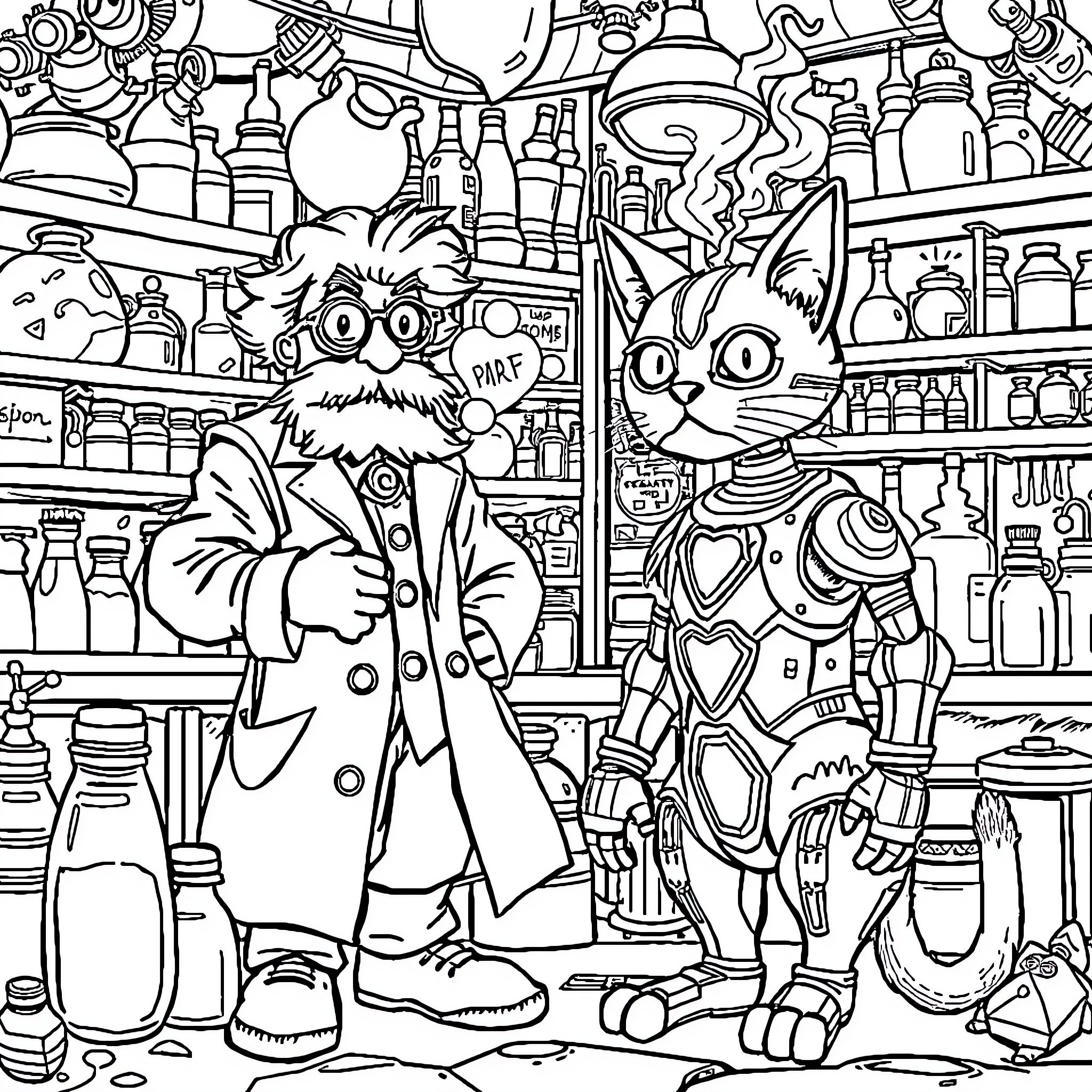 Scientist and his Feline Companion in a Laboratory Coloring Page (free black-and-white line drawing printable PDF for all, from beginners to advanced learners, including children, teens, adults, and seniors)