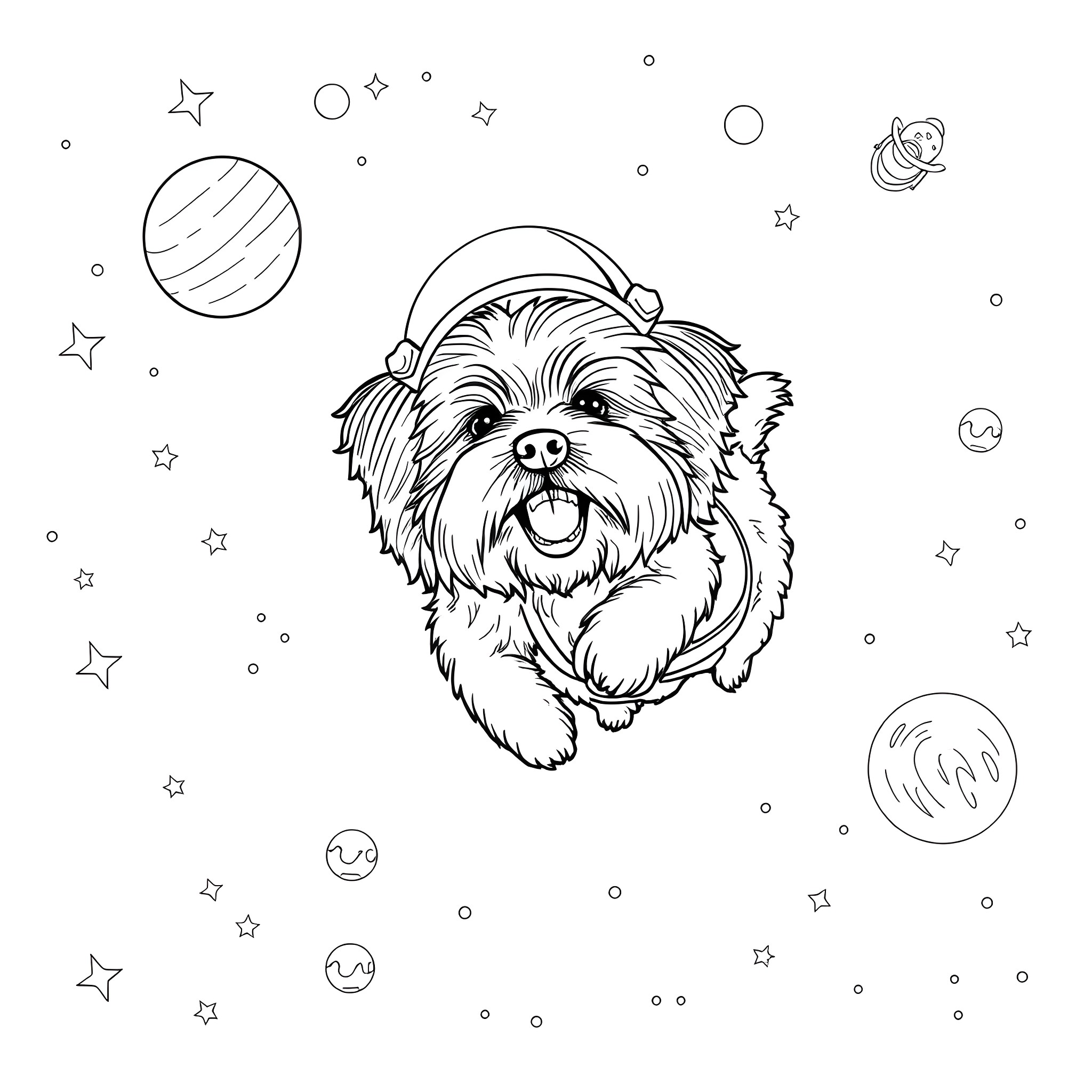 Havanese Dog Among Cosmic Decor Coloring Page (free black-and-white line drawing printable PDF for all, from beginners to advanced learners, including children, teens, adults, and seniors)