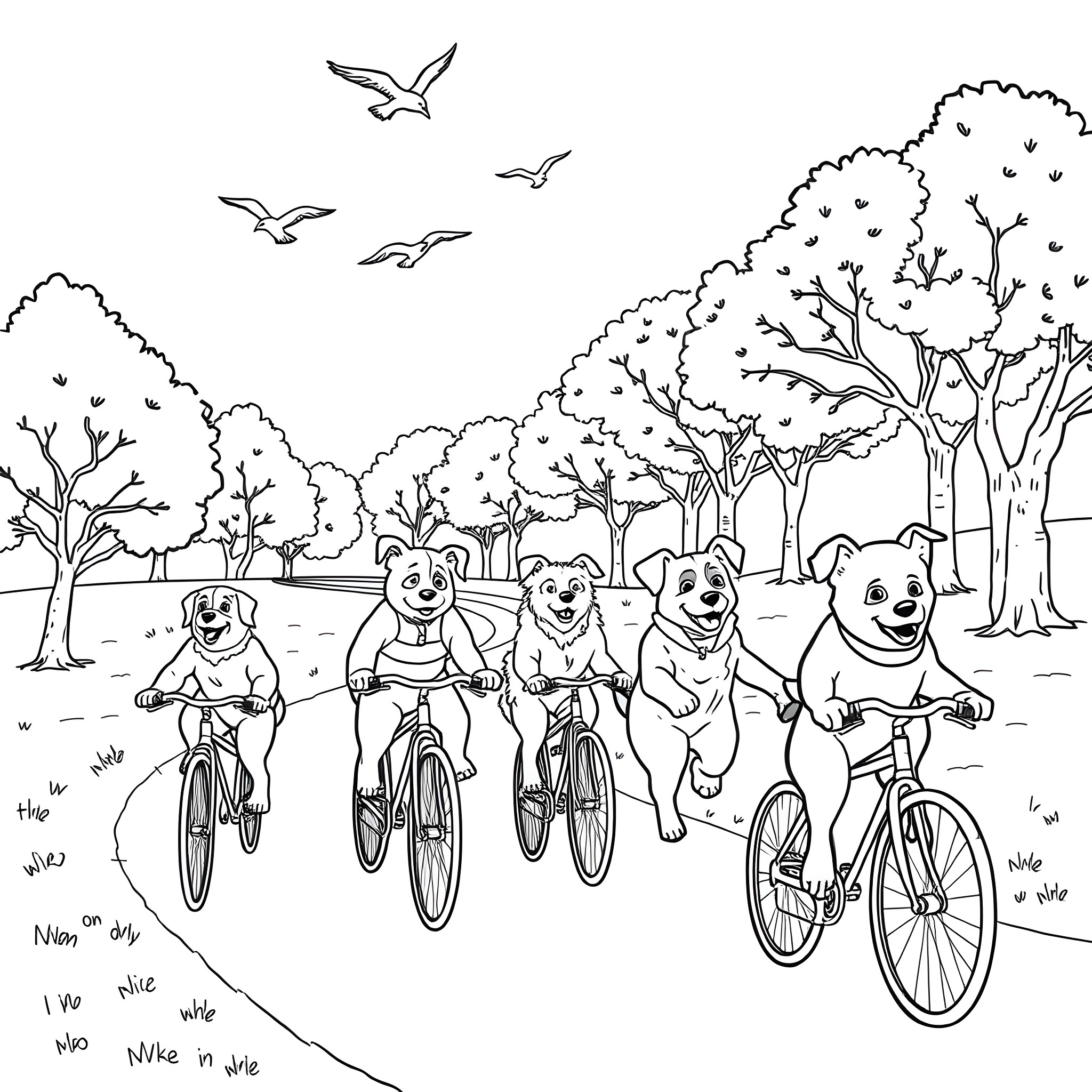 Dogs riding bicycles in a scenic park Coloring Page (free black-and-white line drawing printable PDF for all, from beginners to advanced learners, including children, teens, adults, and seniors)