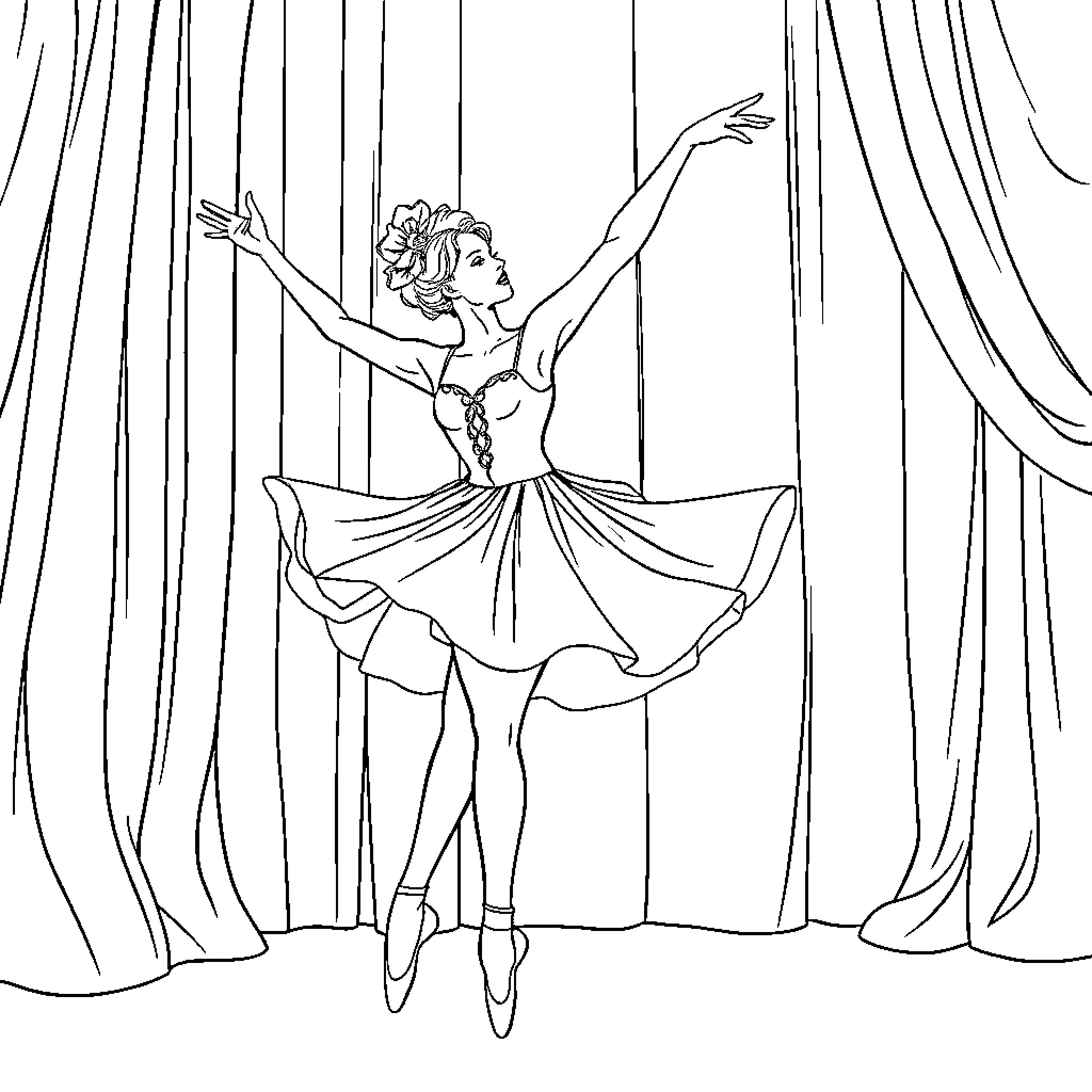 Ballerina performing gracefully on stage Coloring Page (free black-and-white line drawing printable PDF for all, from beginners to advanced learners, including children, teens, adults, and seniors)