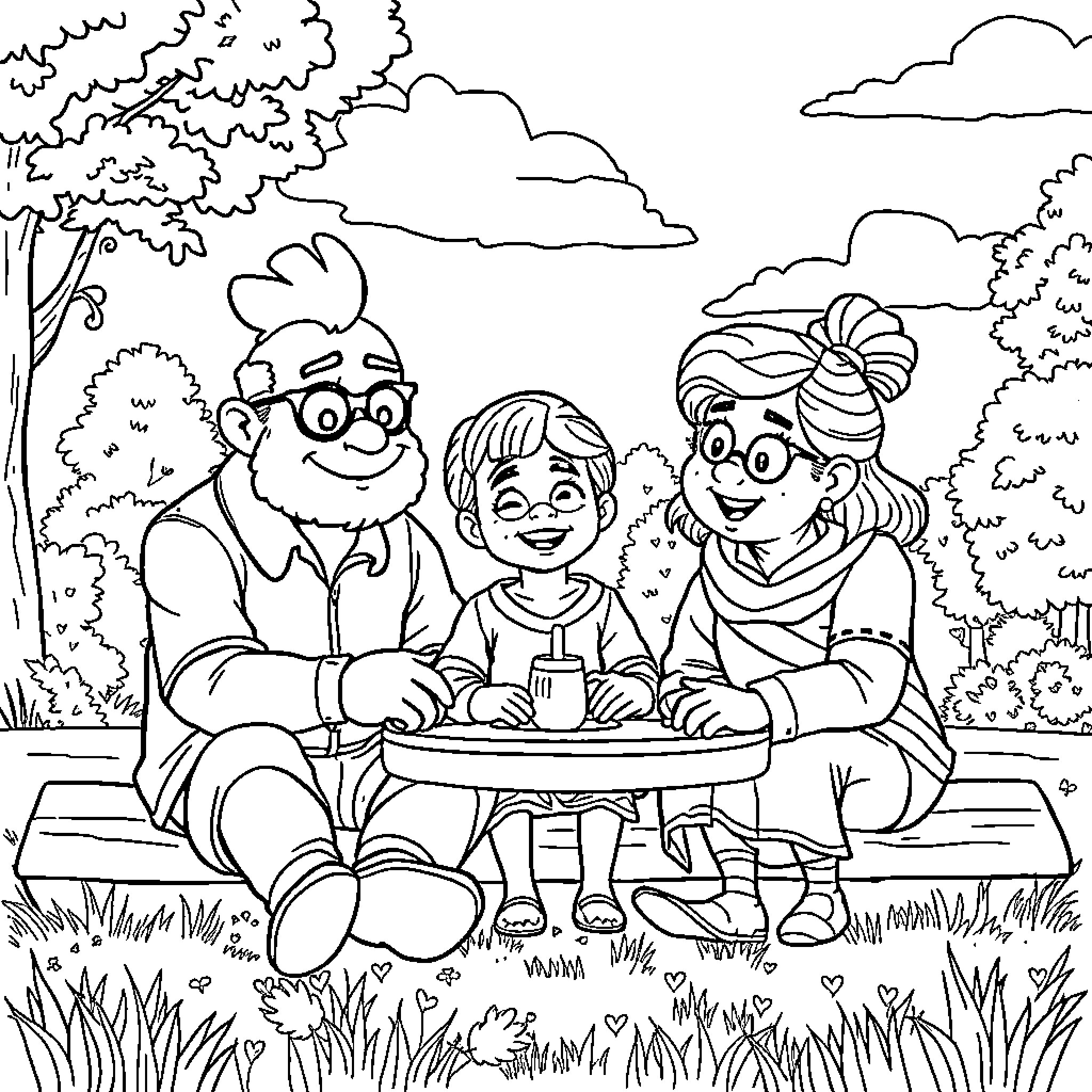 Bluey Enjoying a Picnic with Family Coloring Page (free black-and-white line drawing printable PDF for all, from beginners to advanced learners, including children, teens, adults, and seniors)