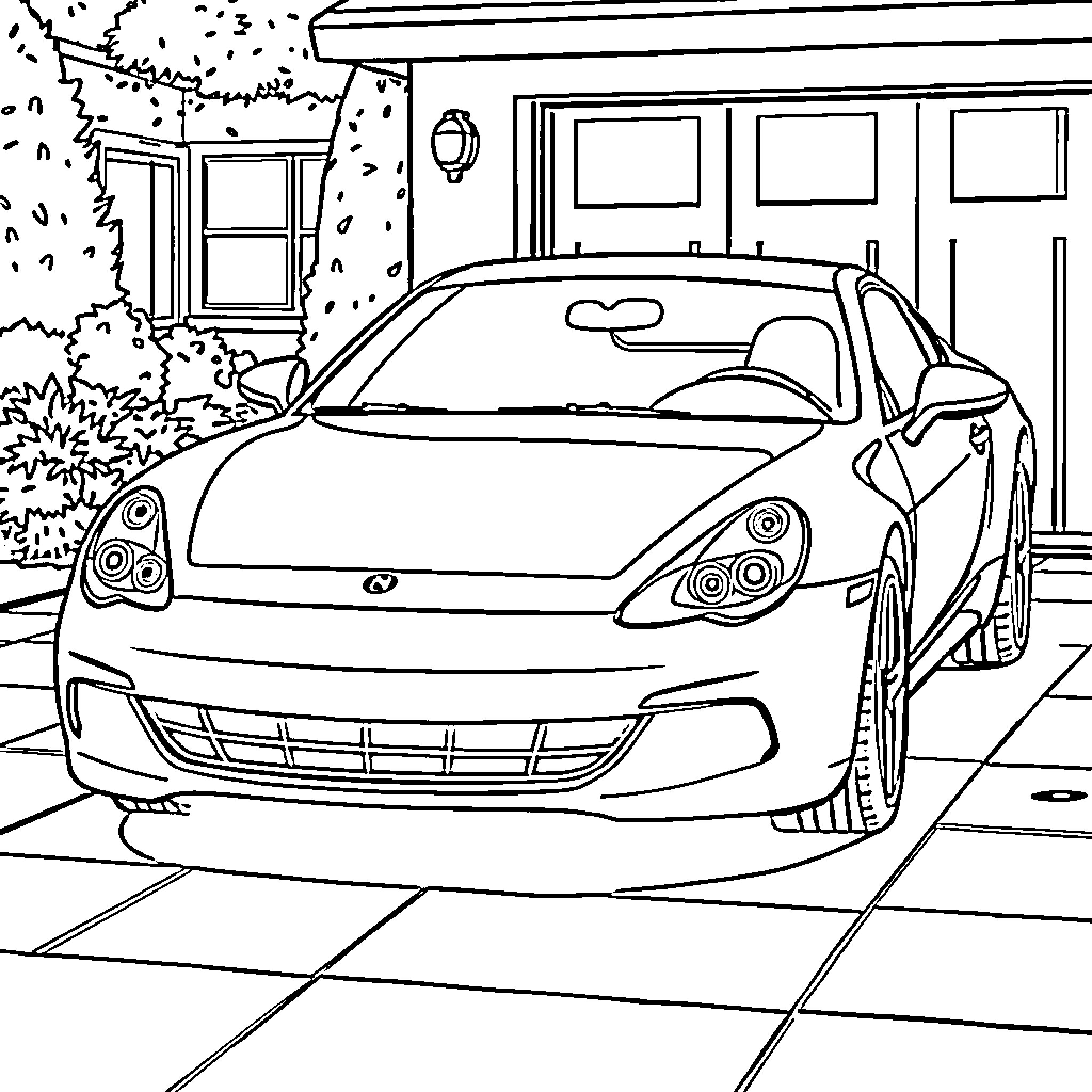Car parked in front of house with trees Coloring Page (free black-and-white line drawing printable PDF for all, from beginners to advanced learners, including children, teens, adults, and seniors)