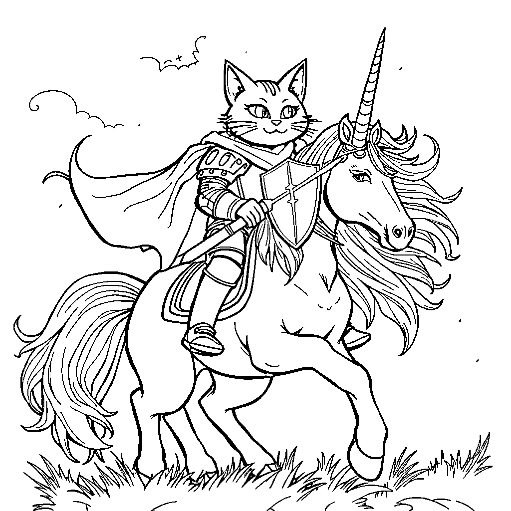 Cat Knight Riding Majestic Unicorn Coloring Page (free black-and-white line drawing printable PDF for all, from beginners to advanced learners, including children, teens, adults, and seniors)