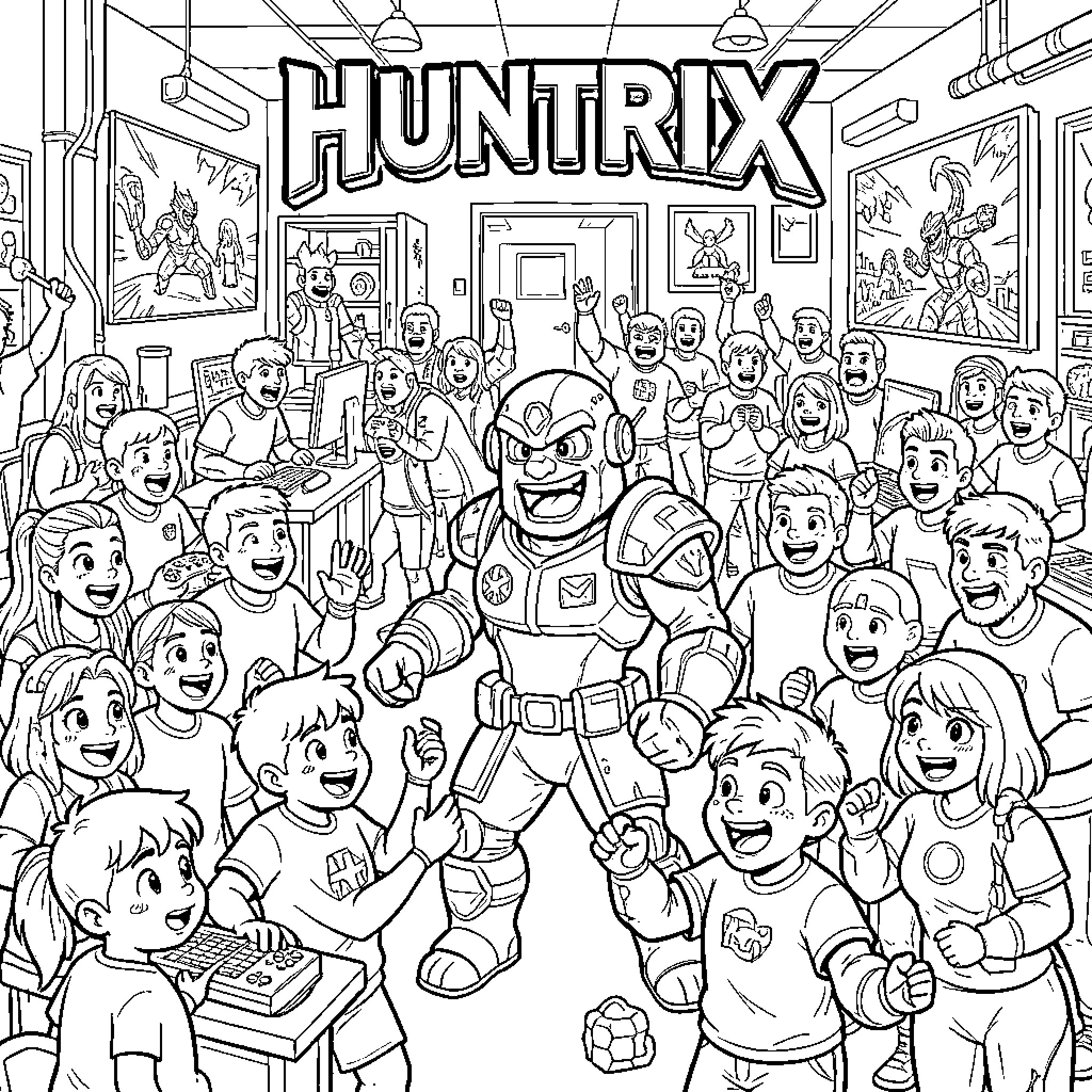 Huntrix: Crowd of Enthusiastic Gamers Enjoying a Lively Gaming Event Coloring Page (free black-and-white line drawing printable PDF for all, from beginners to advanced learners, including children, teens, adults, and seniors)